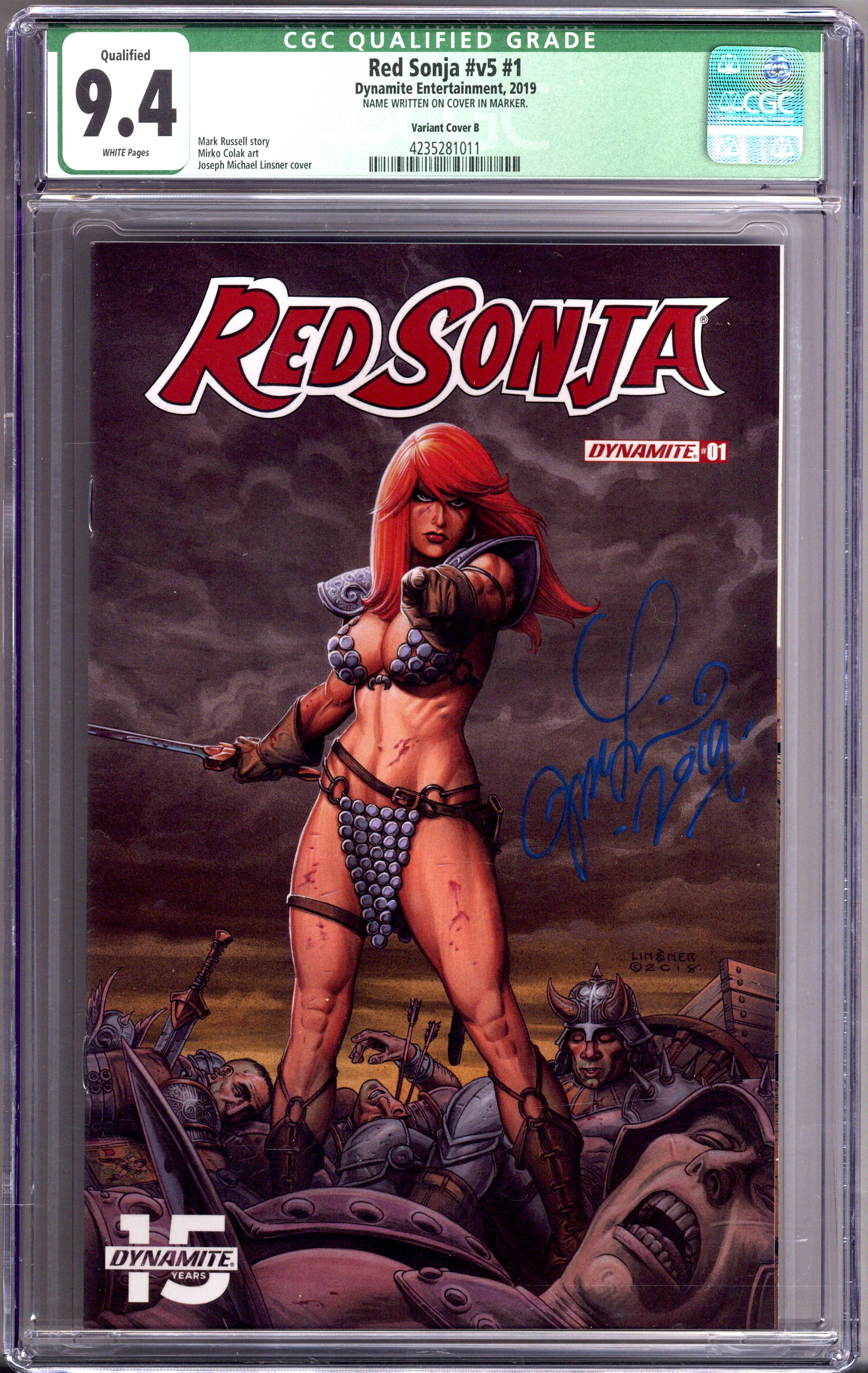 Red Sonja Vol 5 1 CGC 9.4 (NM) (2019) Linsner Variant Signed x1 Cover Joseph Michael Linsner 