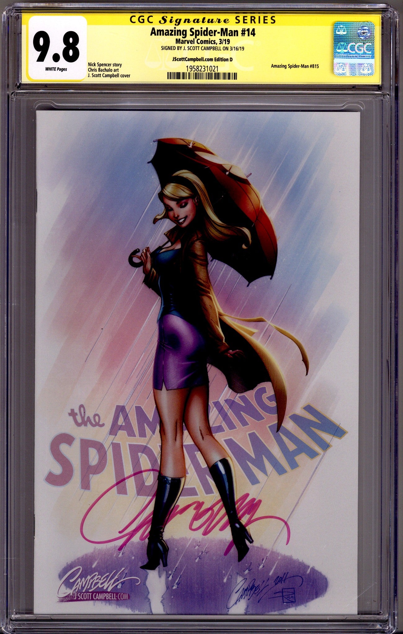 Amazing Spider-Man Vol 5 14 (815) CGC 9.8 (NM/M) (2019) Campbell Exclusive Variant Signed x1 Cover J. Scott Campbell 