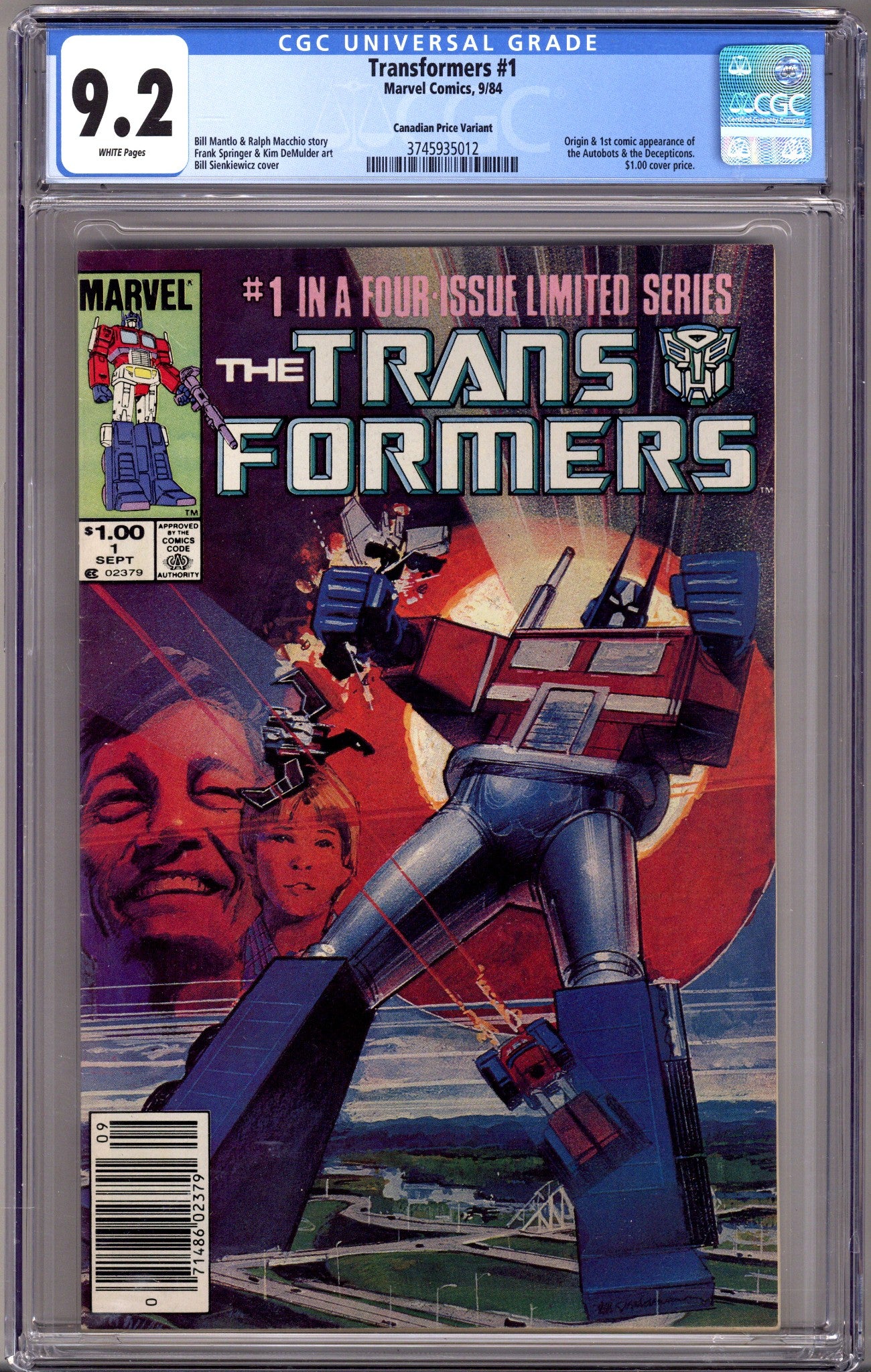 The Transformers 1 CGC 9.2 (NM-) (1984) Canadian Price Variant 