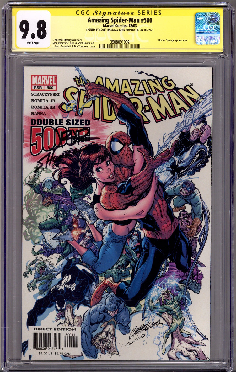 The Amazing Spider-Man Vol 2 500 CGC 9.8 (NM/M) (2003) Signed x2 Cover Scott Hanna & John Romita Jr. 