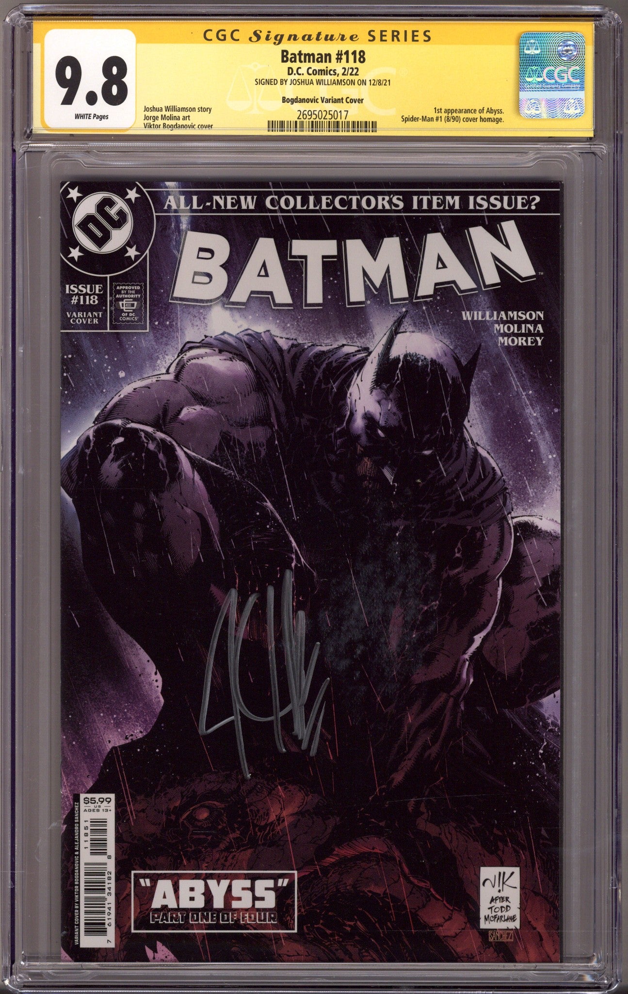 Batman Vol 3 118 CGC 9.8 (NM/M) (2022) Bogdanovic Variant Signed x1 Cover Joshua Williamson 