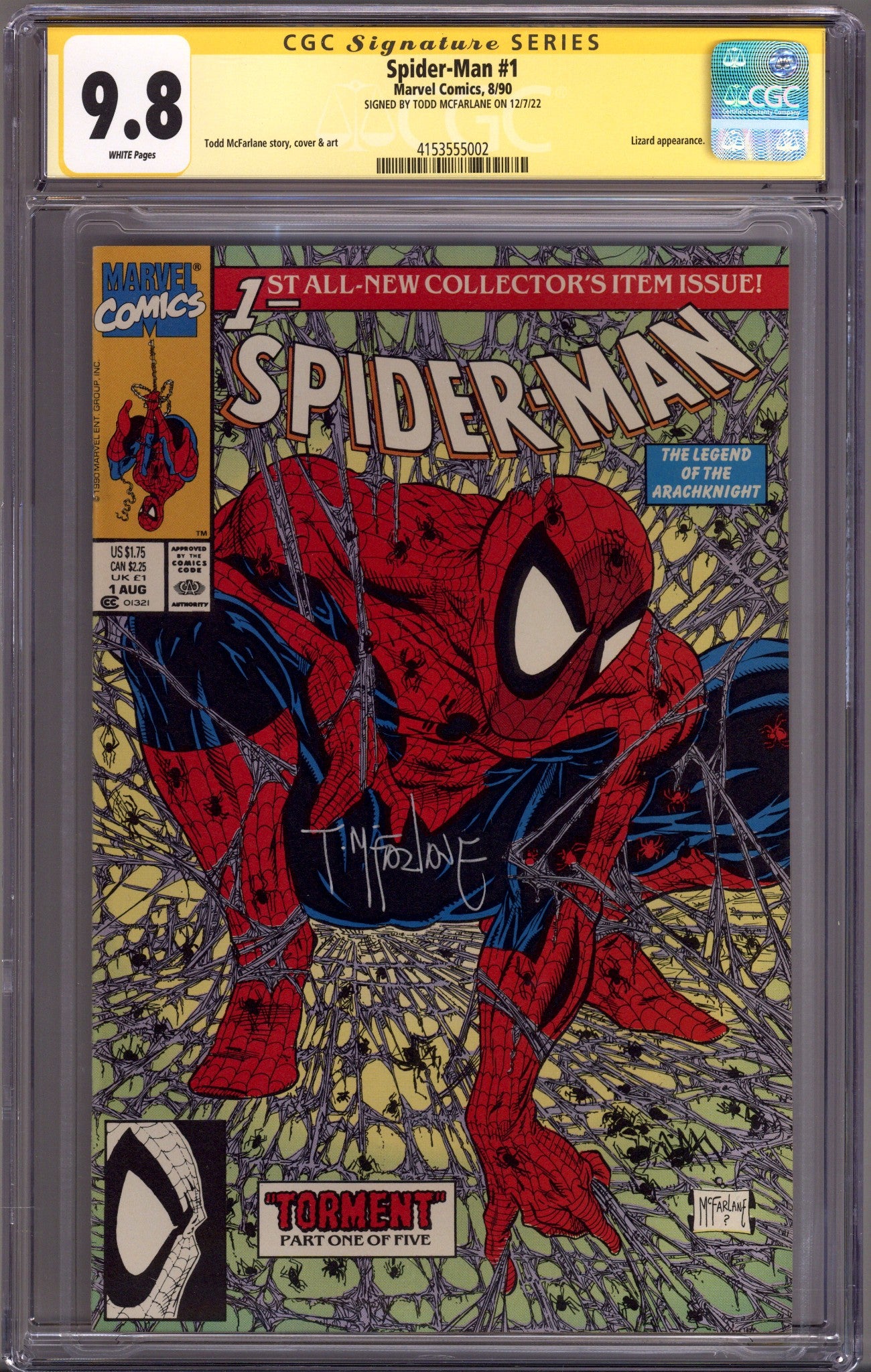 Spider-Man Vol 1 1 CGC 9.8 (NM/M) (1990) Signed x1 Cover Todd McFarlane 