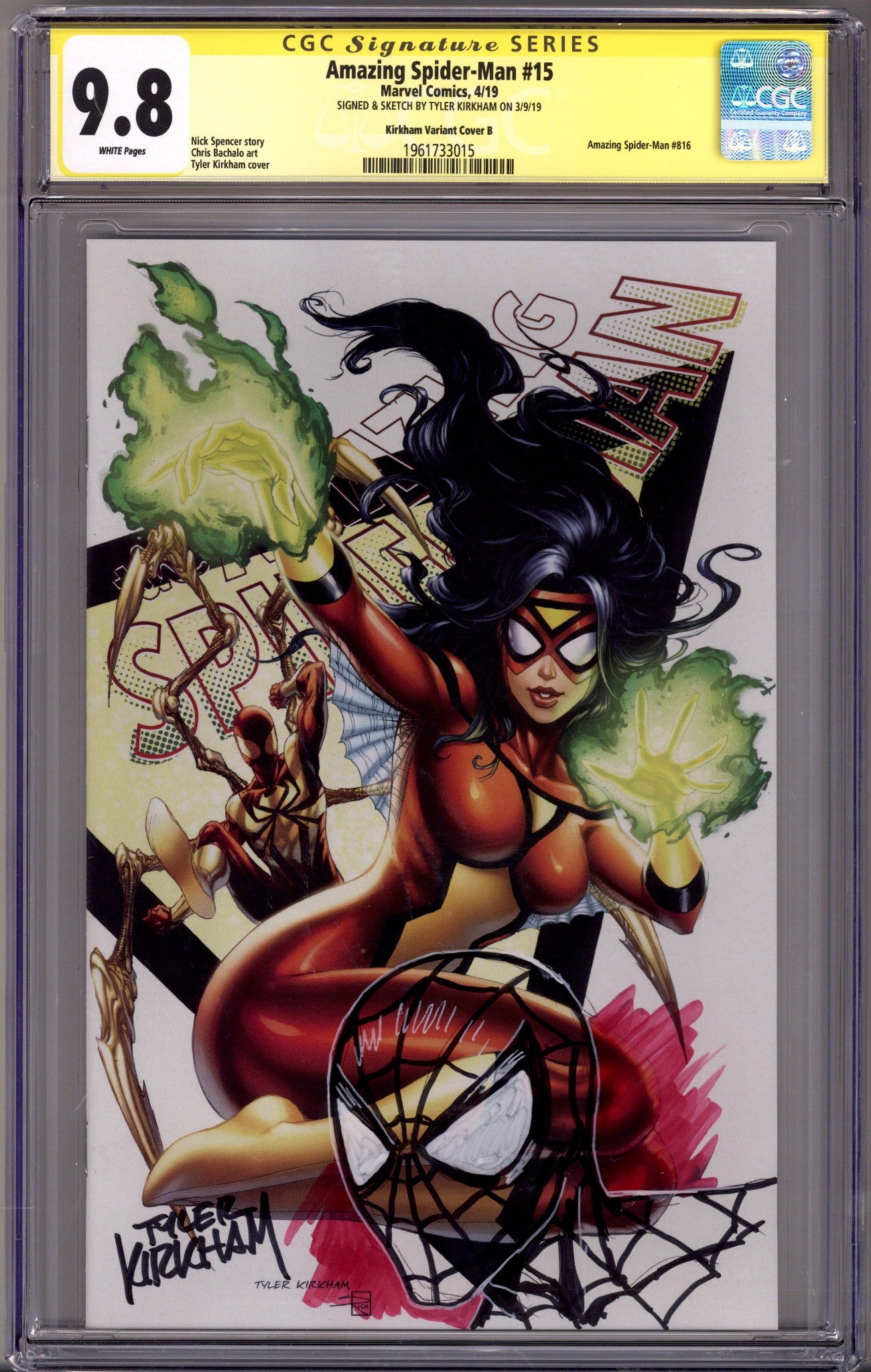 Amazing Spider-Man Vol 5 15 (816) CGC 9.8 (NM/M) (2019) Kirkham Exclusive Variant Signed / Remarked x1 Cover Tyler Kirkham 