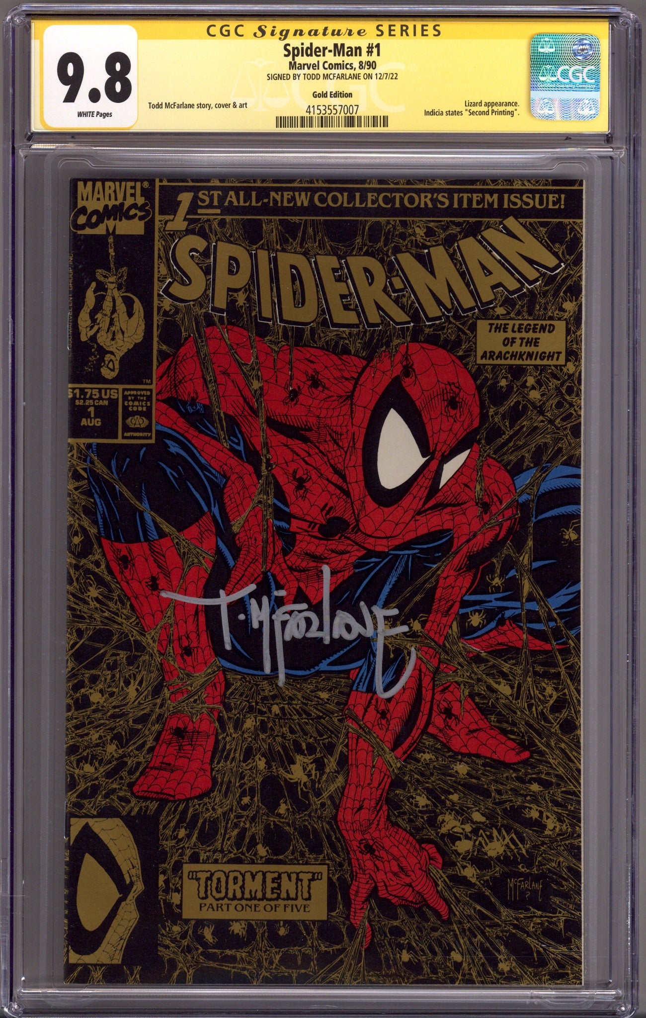 Spider-Man Vol 1 1 CGC 9.8 (NM/M) Gold 2nd Print (1990) Signed (Silver) x1 Cover Todd McFarlane 