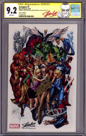 Avengers Vol 1 1 CGC 9.2 (NM-) (2014) Campbell Exclusive Variant Signed x3 Cover Stan Lee, Jeremy Renner & Cobie Smulders