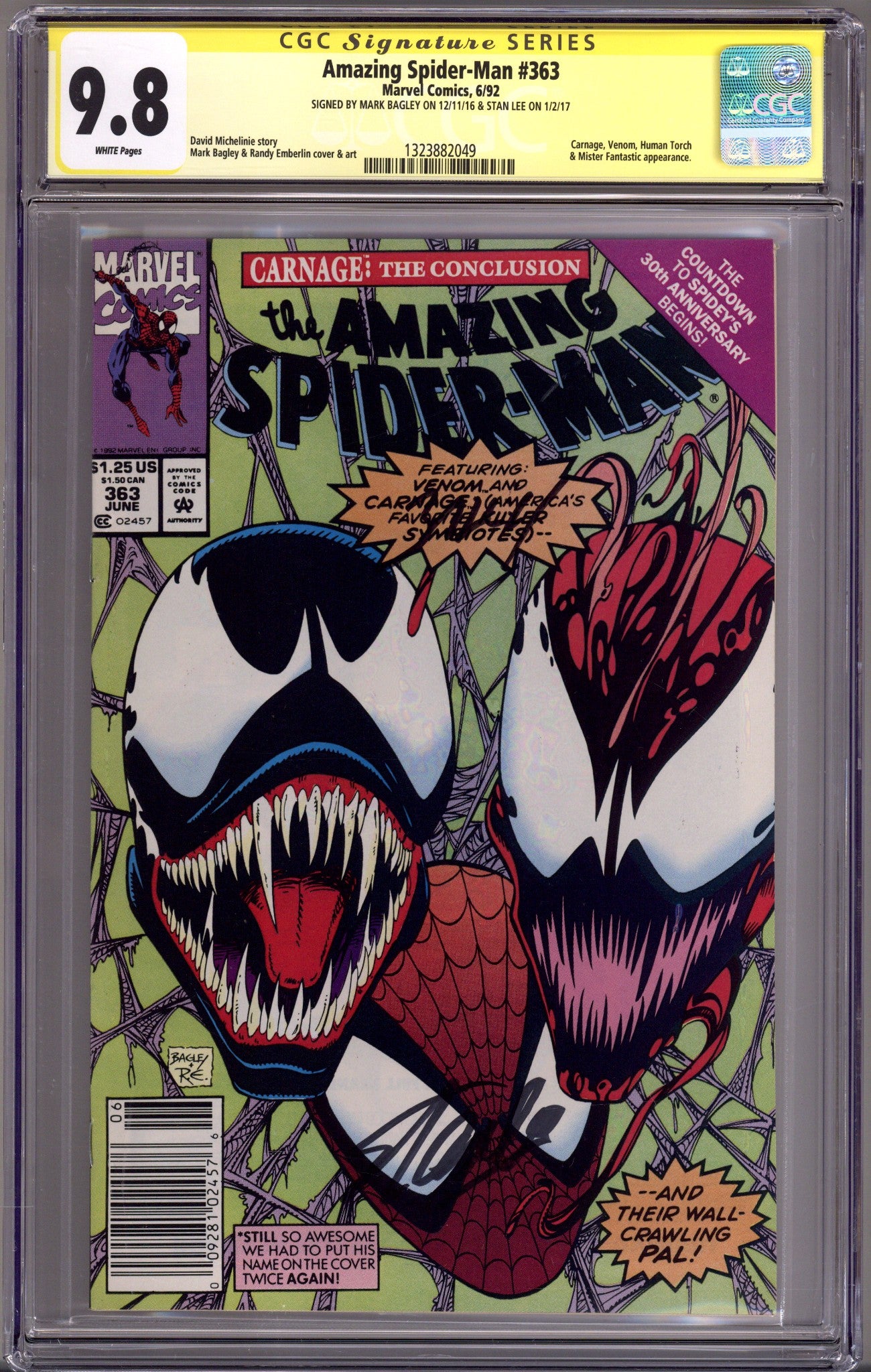 The Amazing Spider-Man Vol 1 363 CGC 9.8 (NM/M) (1992) Newsstand Signed x2 Cover Stan Lee & Mark Bagley 