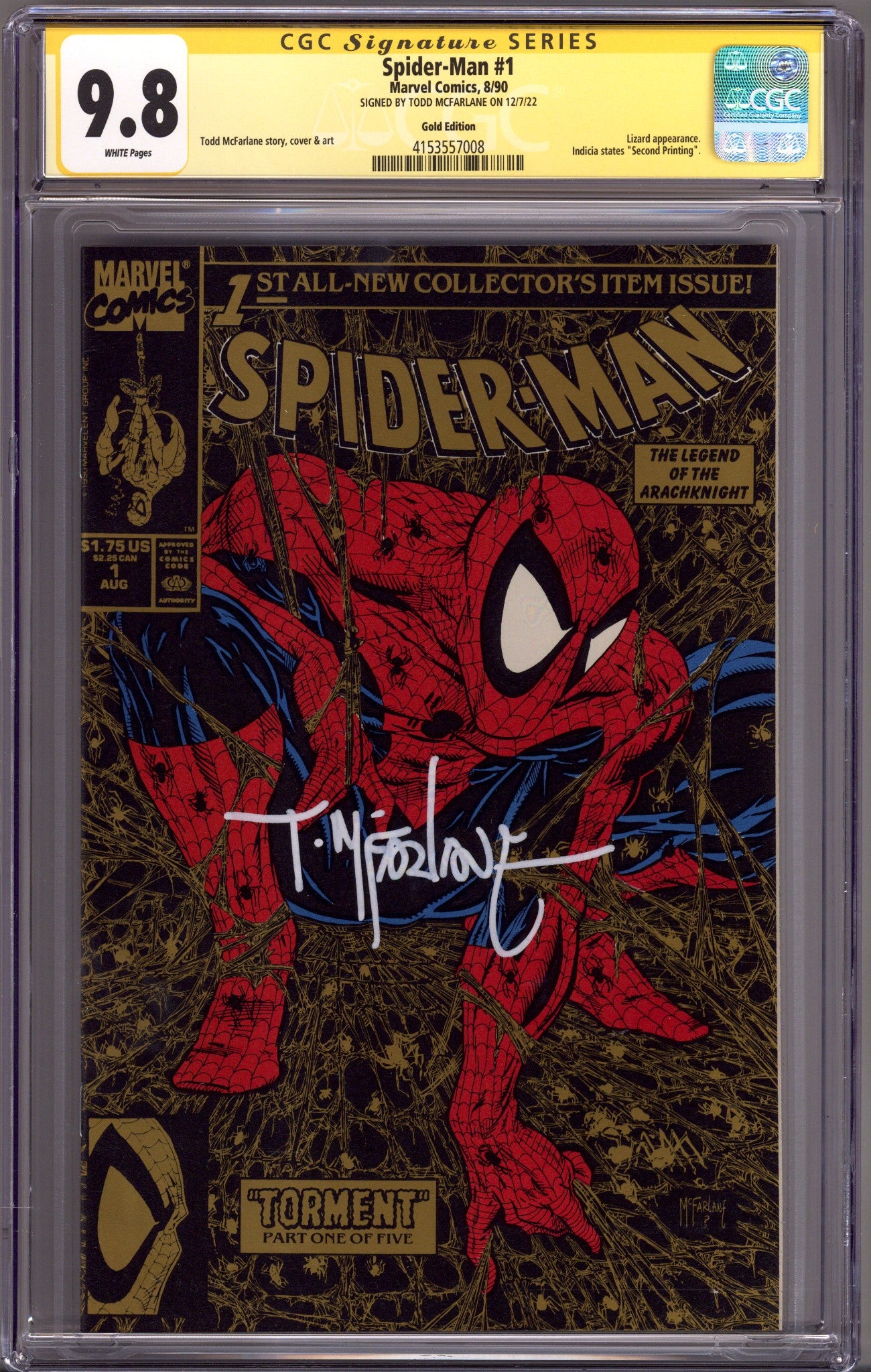 Spider-Man Vol 1 1 CGC 9.8 (NM/M) Gold 2nd Print (1990) Signed (White) x1 Cover Todd McFarlane 