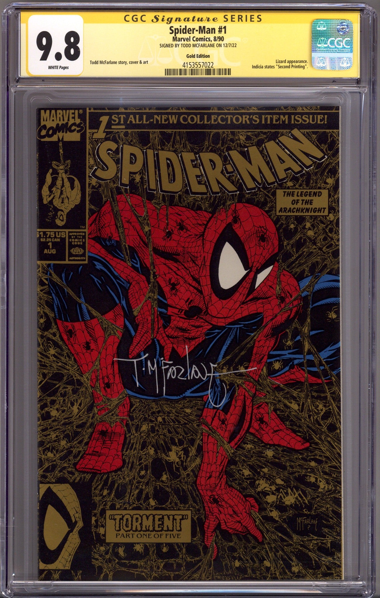 Spider-Man Vol 1 1 CGC 9.8 (NM/M) Gold 2nd Print (1990) Signed (Silver Pen) x1 Cover Todd McFarlane 