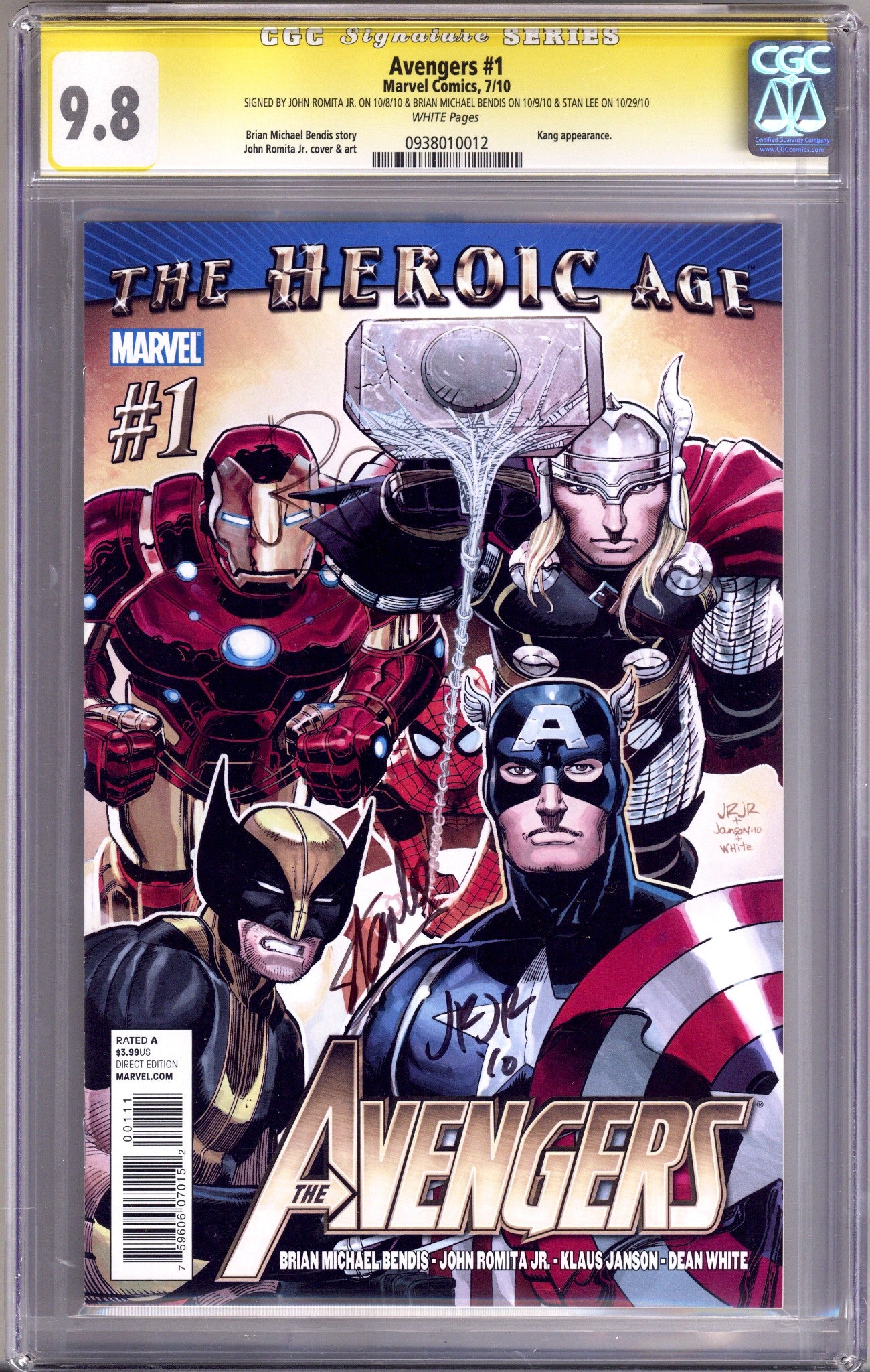Avengers Vol 4 1 CGC 9.8 (NM/M) (2010) Signed x3 Cover Stan Lee, Brian Michael Benis & John Romita Jr. 