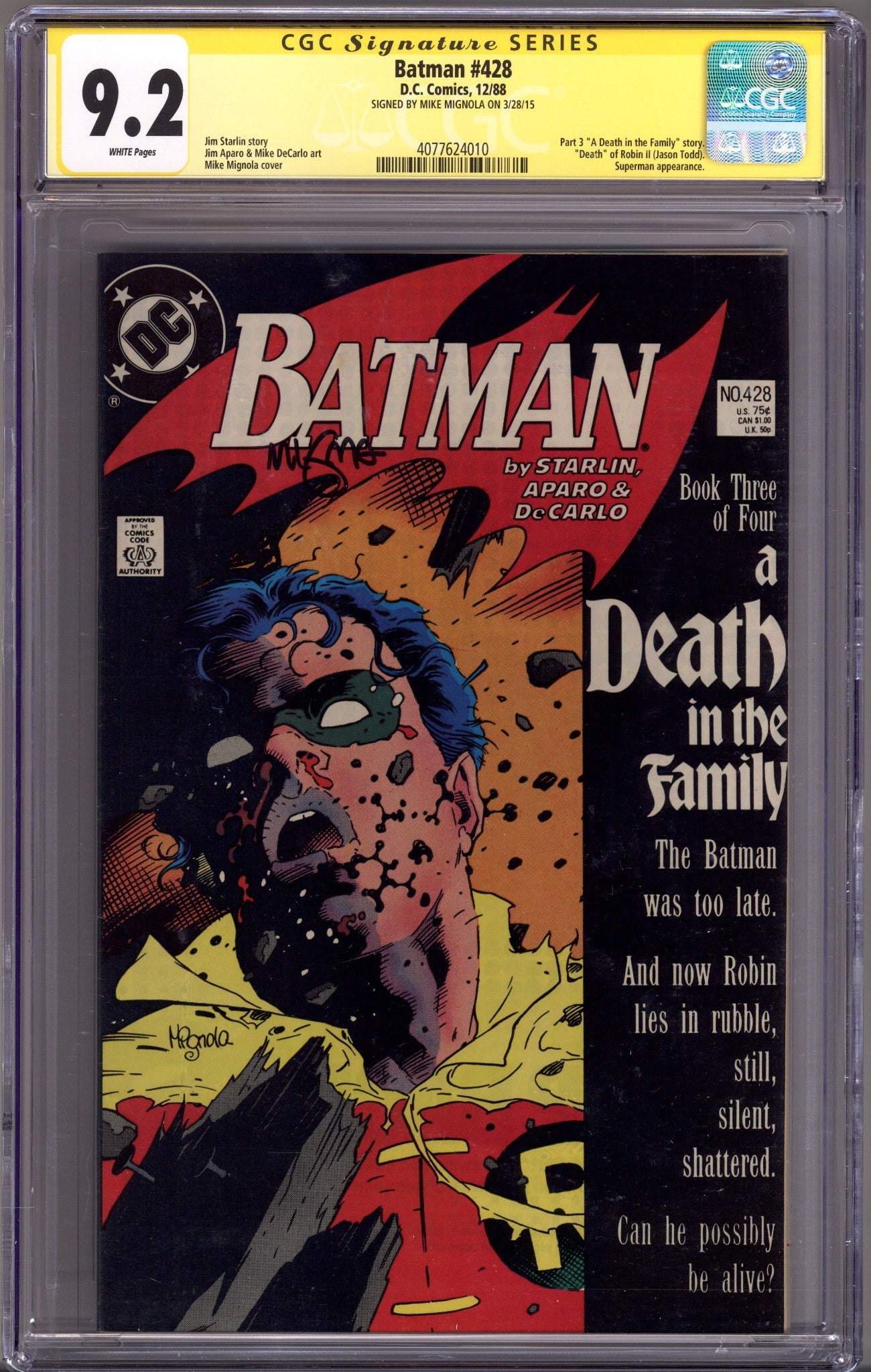 Batman Vol 1 428 CGC 9.2 (NM-) (1988) Signed x1 Cover Mike Mignola 