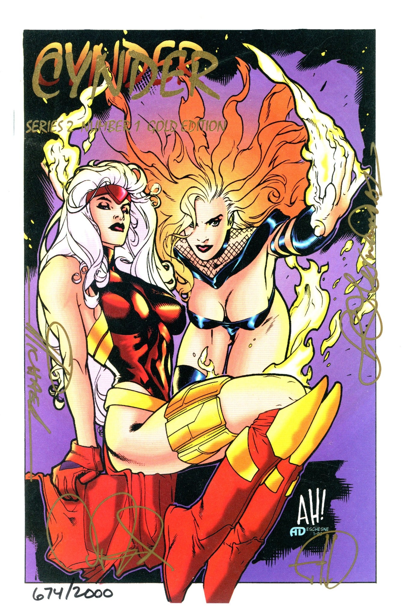 Cynder 1 Hughes Gold Foil Variant NM- Signed David Hernandez, Michael Hernandez, Linda Hernandez, Albert Deschesne (1996)