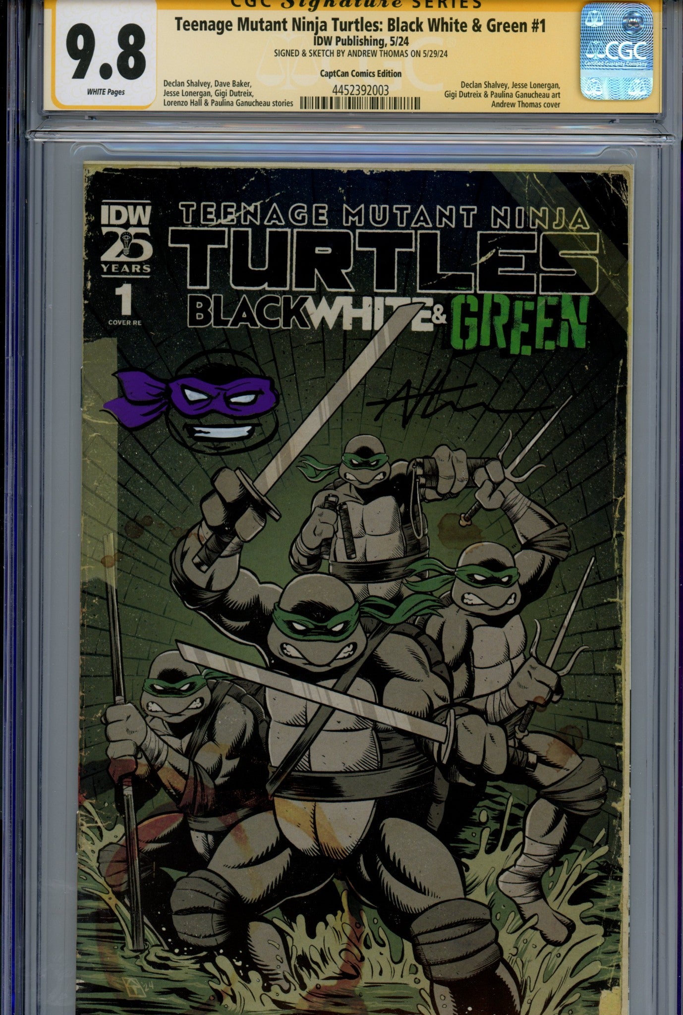 Teenage Mutant Ninja Turtles: Black, White & Green 1 CGC 9.8 (NM/M) Donatello (2024) Thomas Exclusive Variant Signed / Remarked x1 Cover Andrew Thomas 