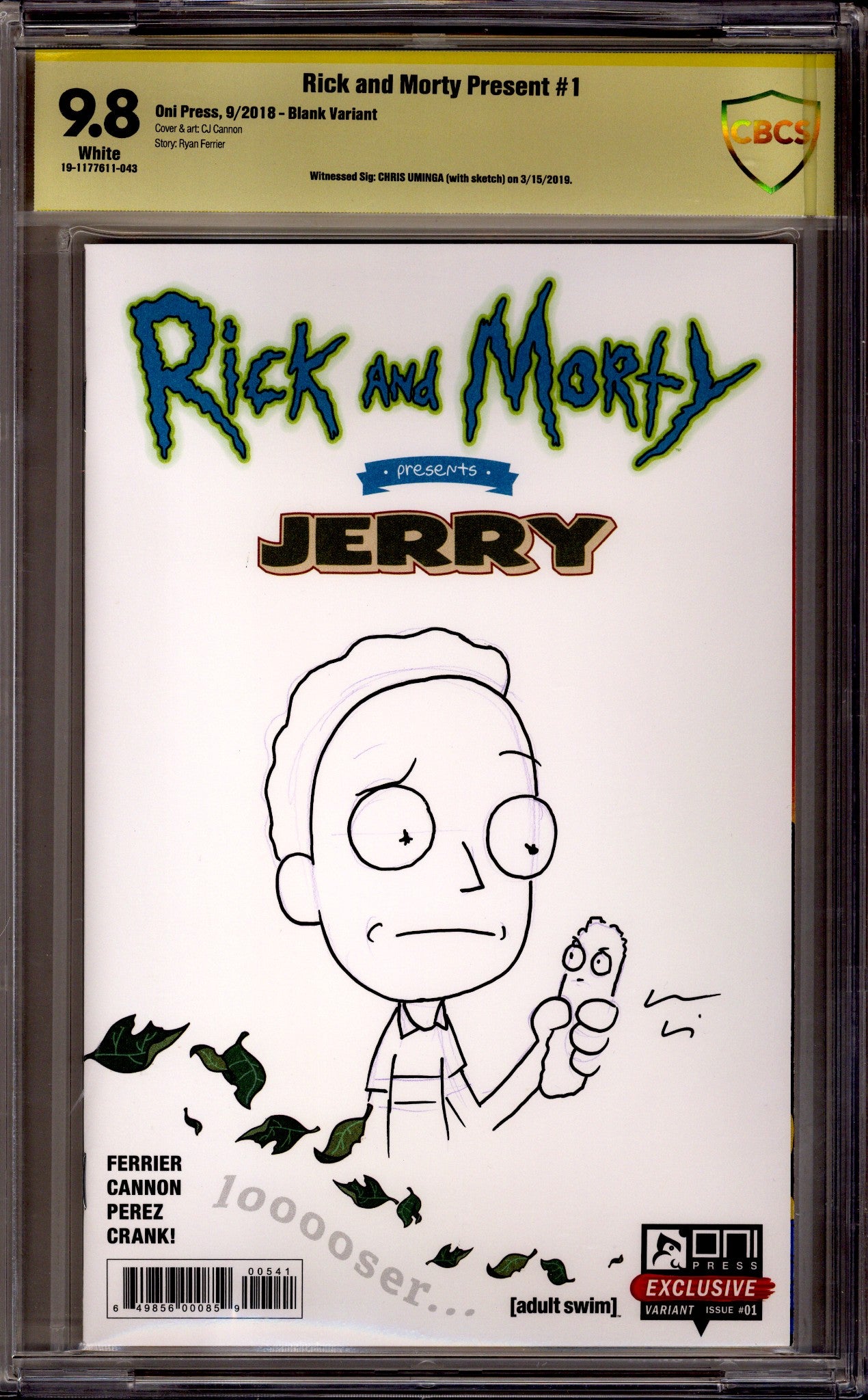 Rick and Morty Presents: Jerry 1 CBCS 9.8 (NM/M) (2019) Blank Variant Signed / Remarked x1 Cover Chris Uminga 