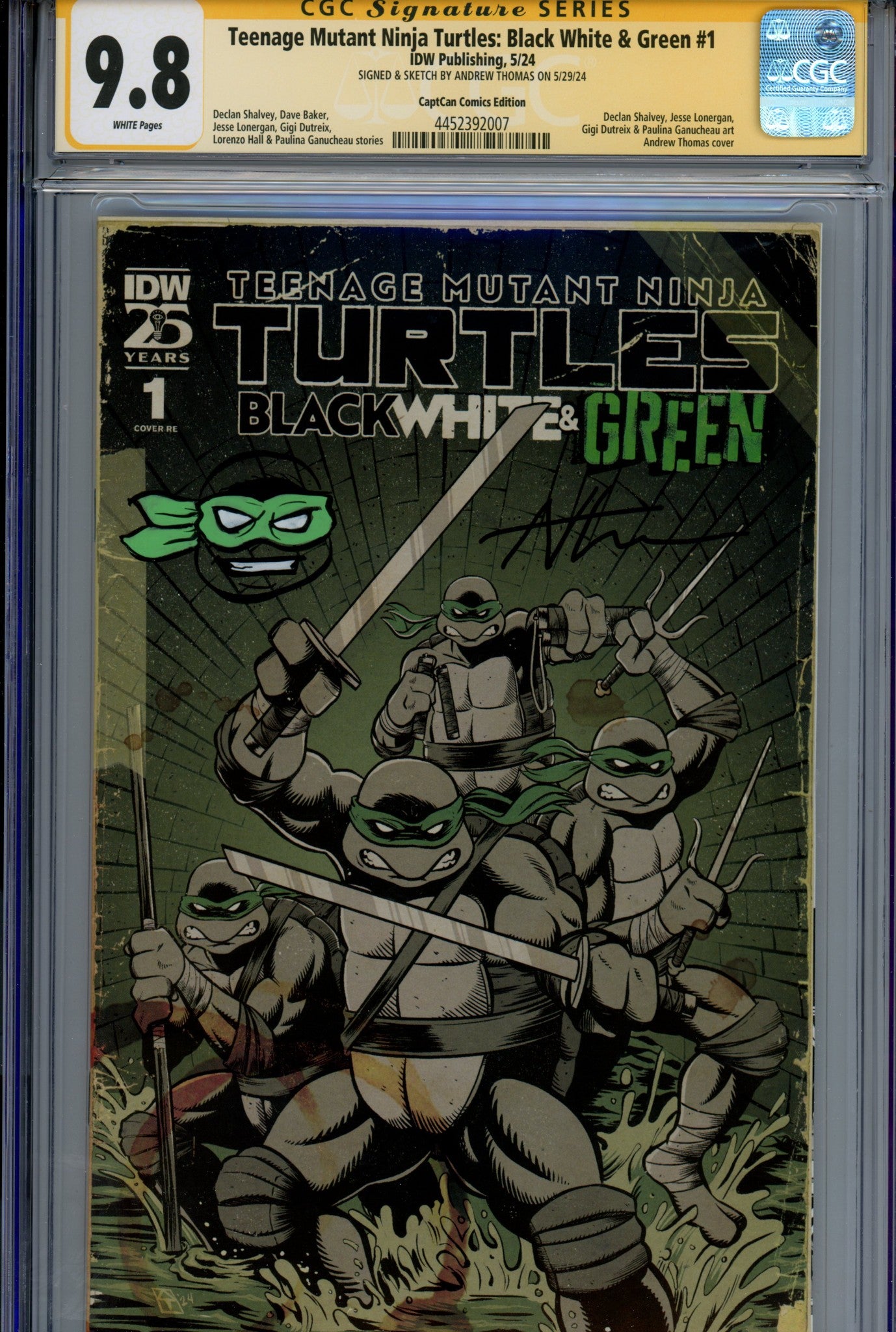 Teenage Mutant Ninja Turtles: Black, White & Green 1 CGC 9.8 (NM/M) Green Mask (2024) Thomas Exclusive Variant Signed / Remarked x1 Cover Andrew Thomas 
