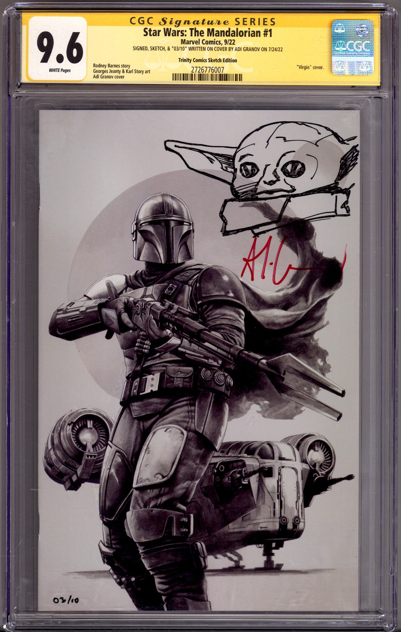 Star Wars: The Mandalorian   1 CGC 9.6 (NM+)   (2022) Granov B&W Virgin Exclusive Variant  Signed / Remarked x1 Cover Adi Granov 