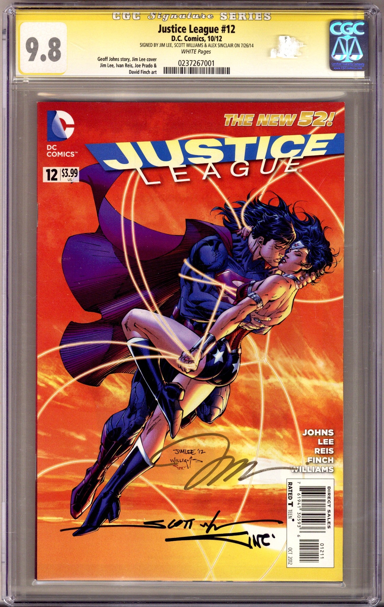 Justice League Vol 1 12 CGC 9.8 (NM/M) (2012) Signed x3 Cover Jim Lee, Williams & Sinclair 