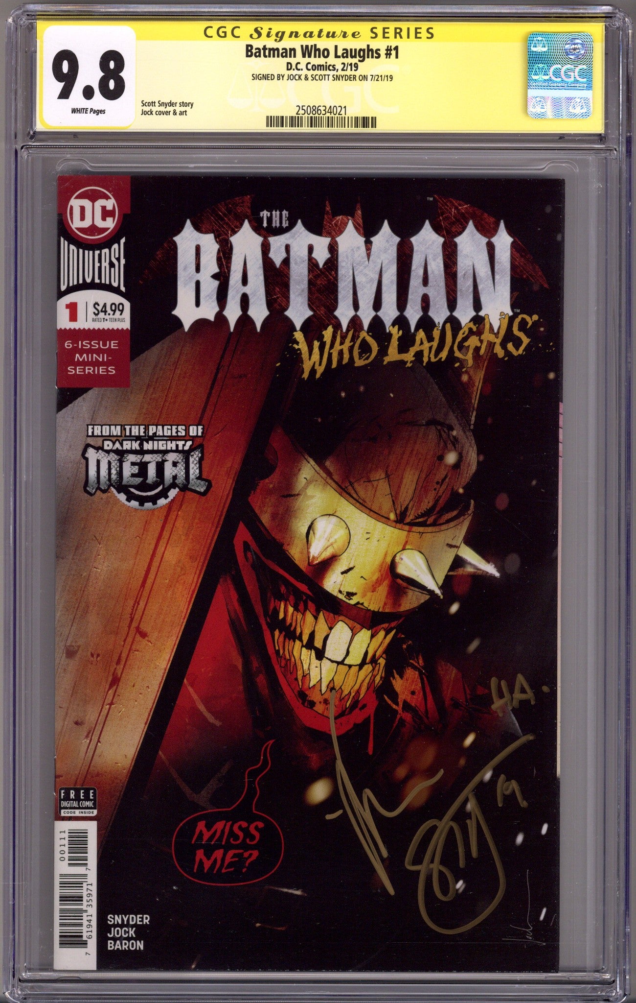 The Batman Who Laughs 1 CGC 9.8 (NM/M) (2019) Signed x2 Cover Jock & Scott Snyder 