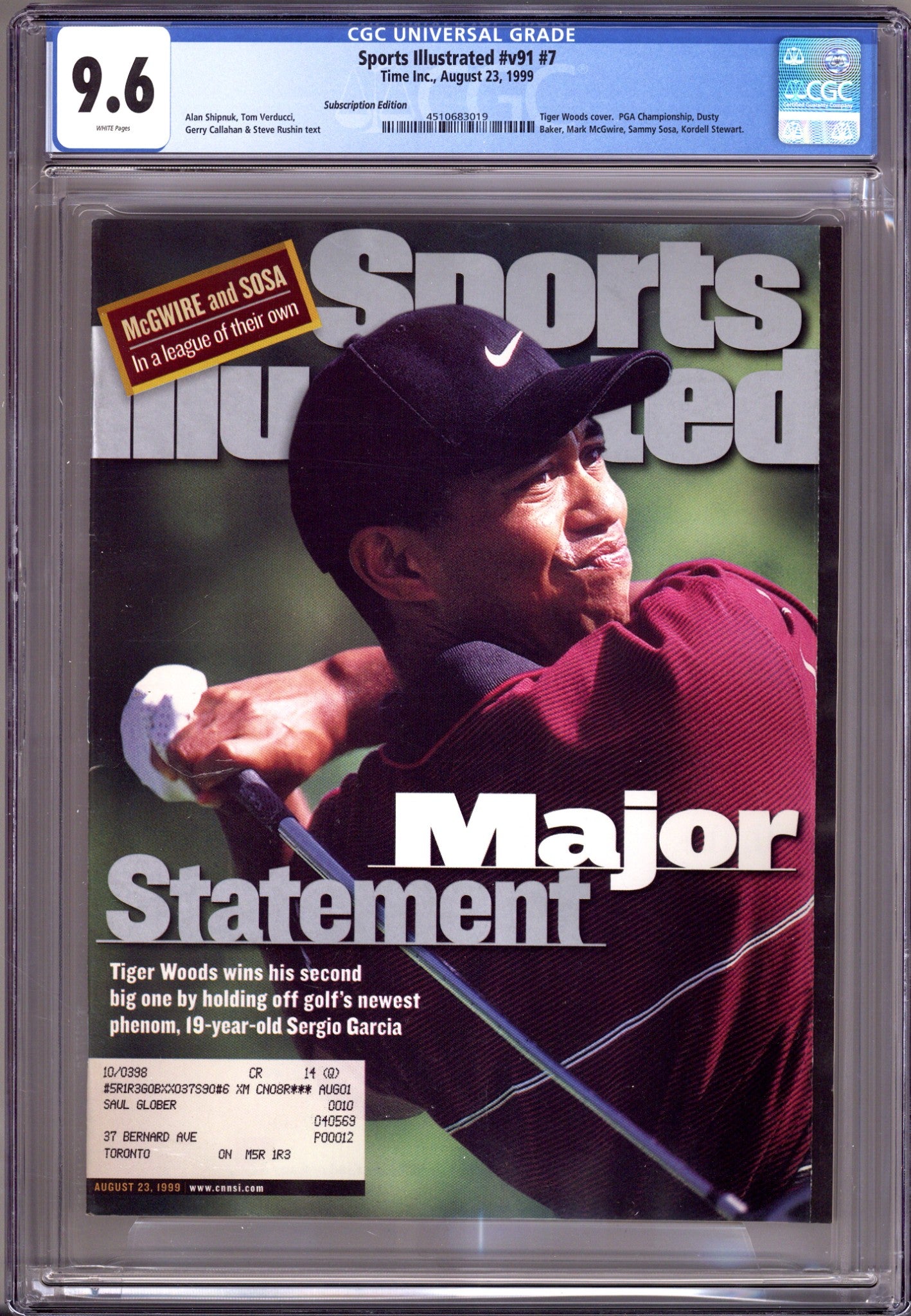 Sports Illustrated Vol 91 7 CGC 9.6 (NM+)   (1999) Subscription   Variant  