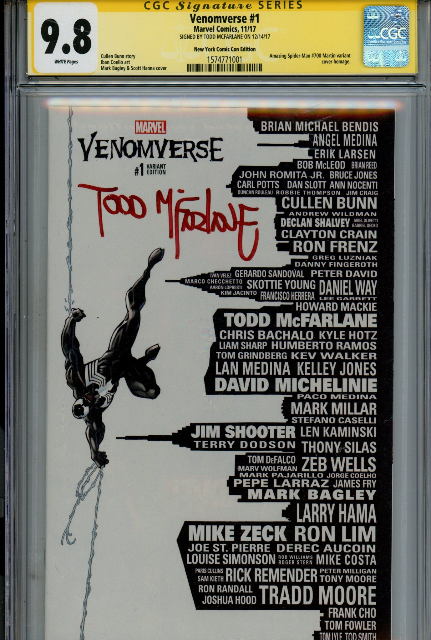 Venomverse 1 CGC 9.8 (NM/M) (2017) Bagley Exclusive Variant Signed x1 Cover Todd McFarlane 