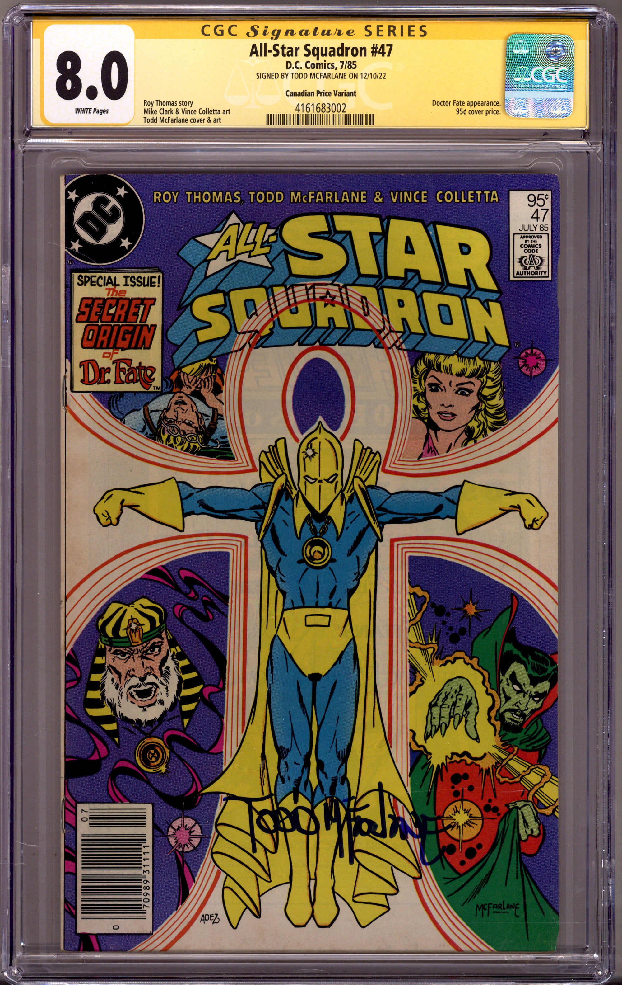 All-Star Squadron 47 CGC 8.0 (VF) (1985) Canadian Price Variant Signed x1 Cover Todd McFarlane 