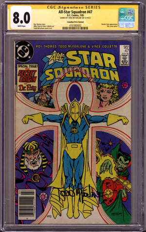 All-Star Squadron 47 CGC 8.0 (VF) (1985) Canadian Price Variant Signed x1 Cover Todd McFarlane
