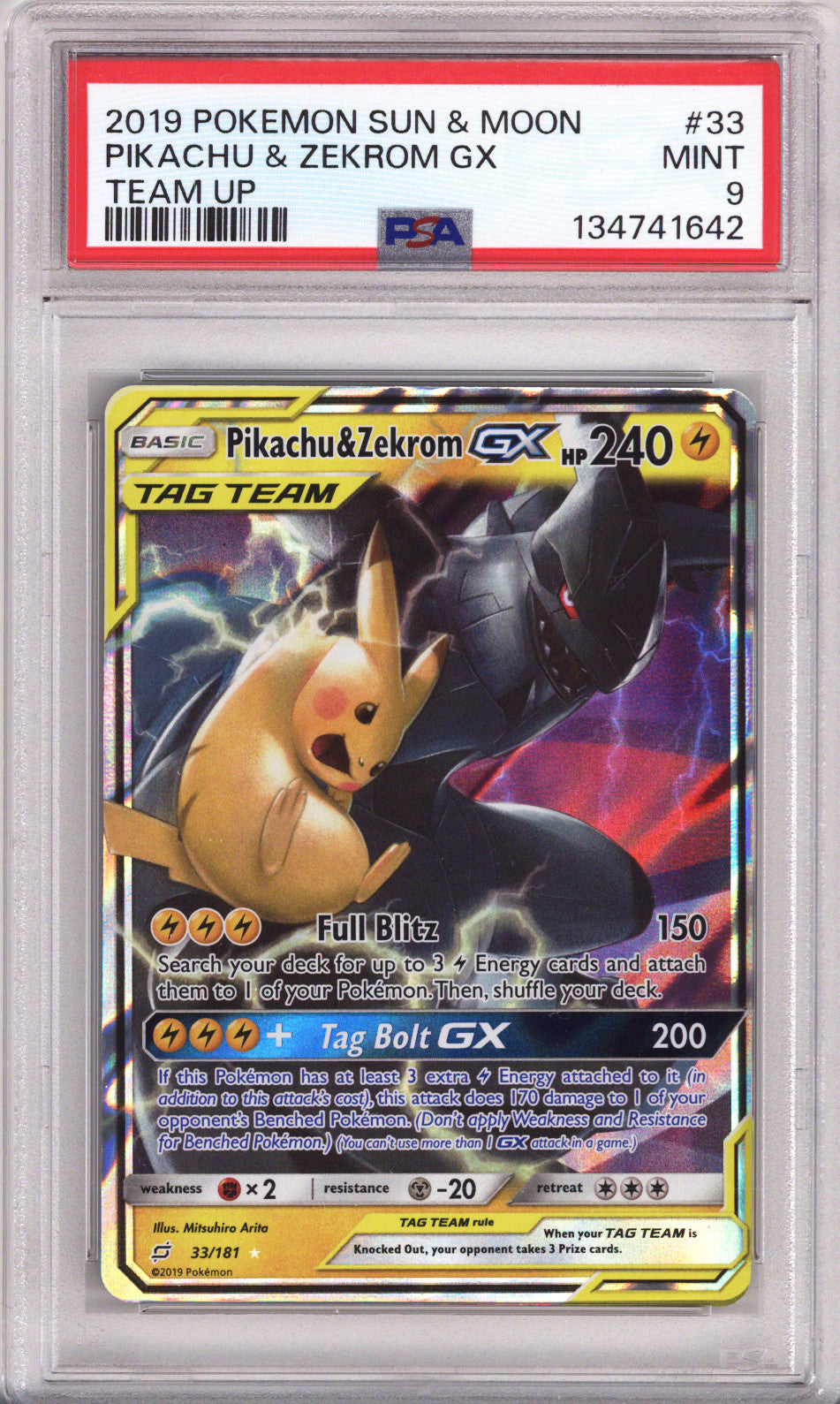 Pokemon Sun & Moon Pikachu & Zekrom 33/181 Gx Team Up PSA Mint 9 (2019)