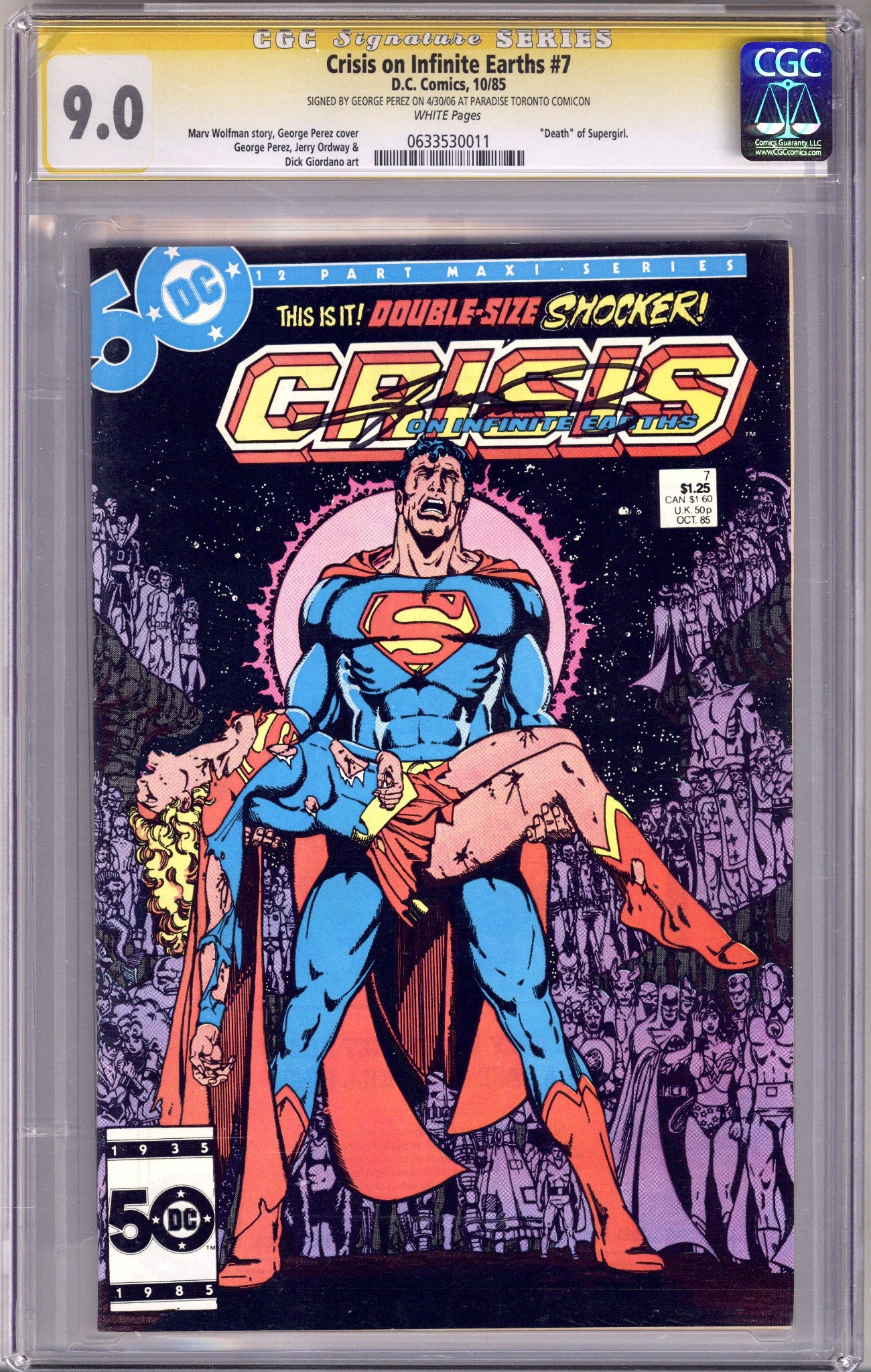Crisis on Infinite Earths 7 CGC 9.0 (VF/NM) (1985) Signed x1 Cover George Perez 