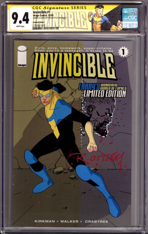 Invincible 1 CGC 9.4 (NM) Error (2003) Larry's Exclusive Variant Signed / Remarked x1 Cover Ryan Ottley