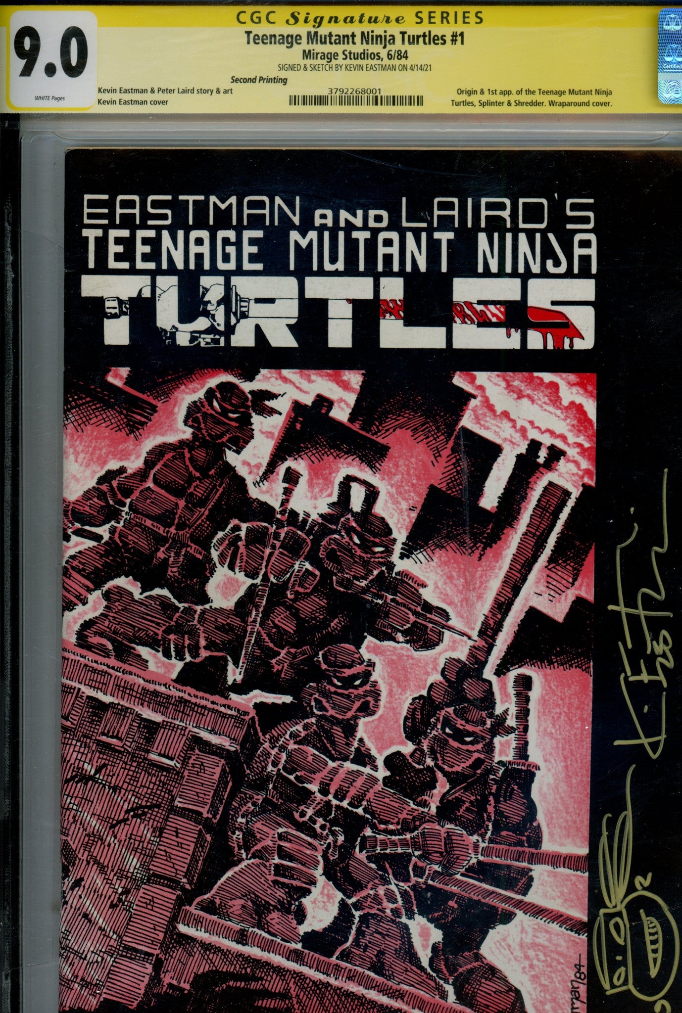 Teenage Mutant Ninja Turtles Vol 1 1 CGC 9.0 (VF/NM) (1984) 2nd Print Signed / Remarked x1 Cover Kevin Eastman 