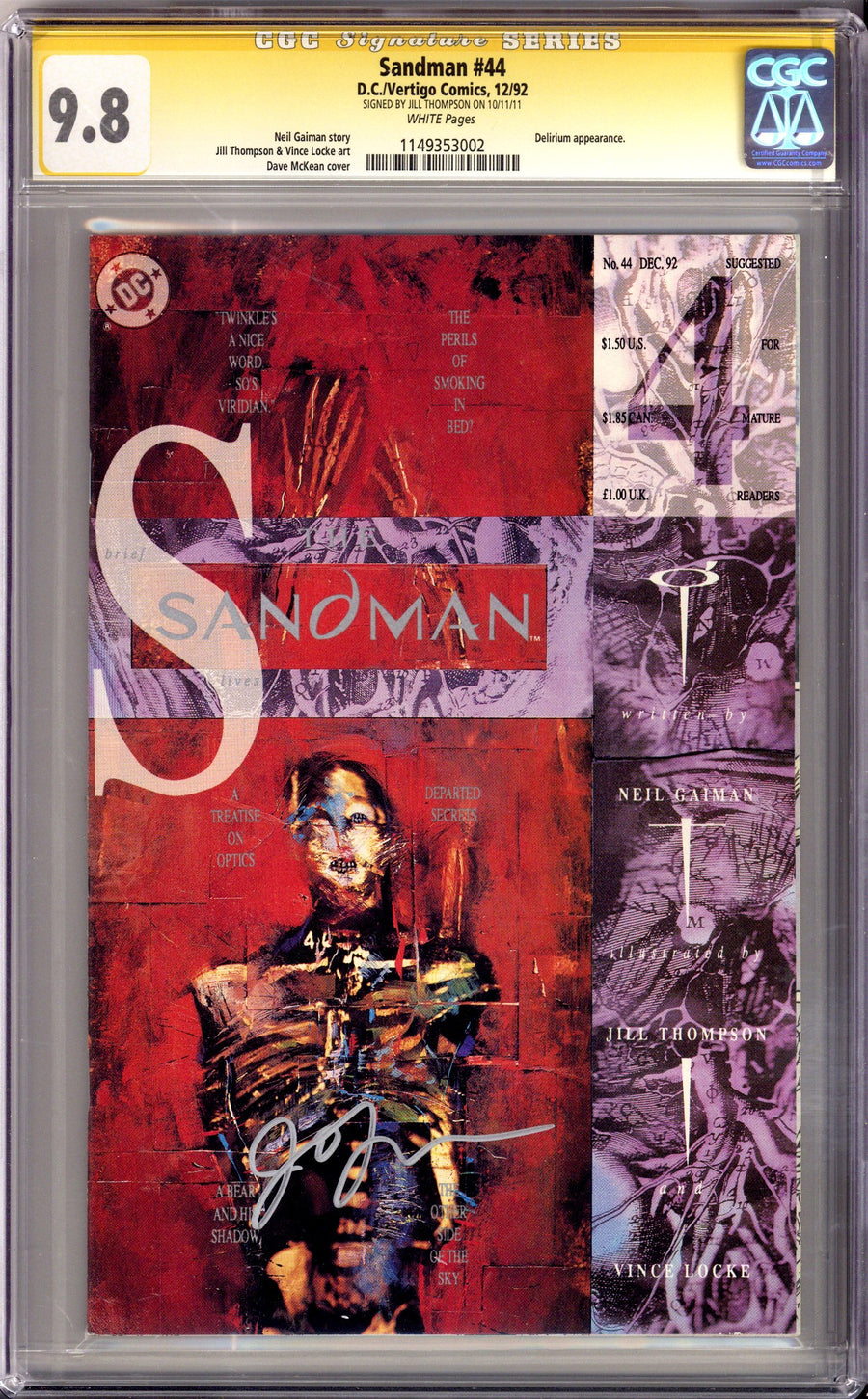 Sandman Vol 2 44 CGC 9.8 (NM/M) (1992) Signed x1 Cover Jill Thompson 