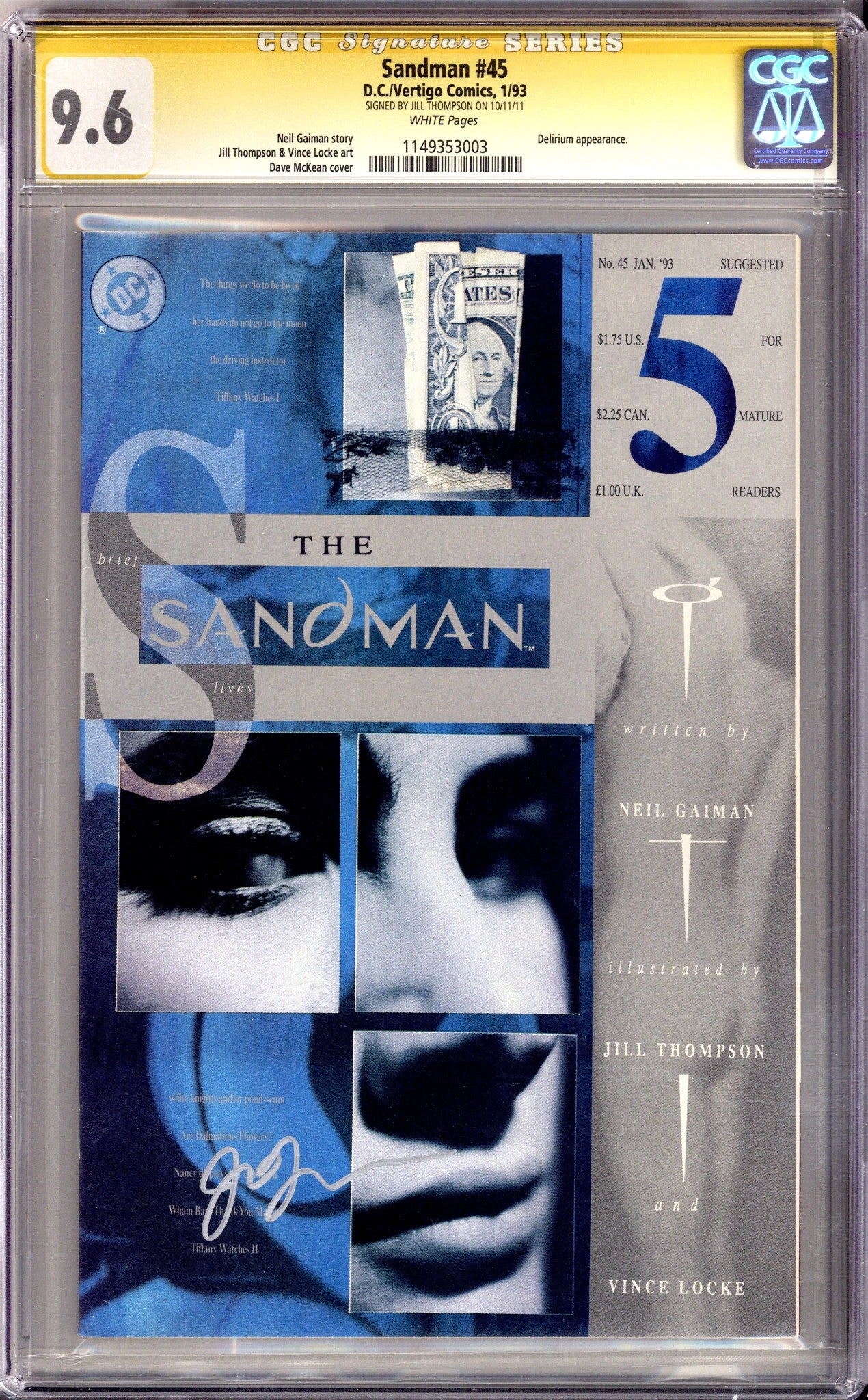 Sandman Vol 2 45 CGC 9.6 (NM+) (1993) Signed x1 Cover Jill Thompson 