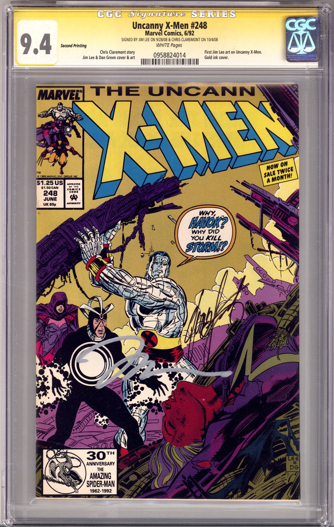 The Uncanny X-Men Vol 1 248 CGC 9.4 (NM) (1992) 2nd Print Signed x2 Cover Jim Lee & Chris Claremont 