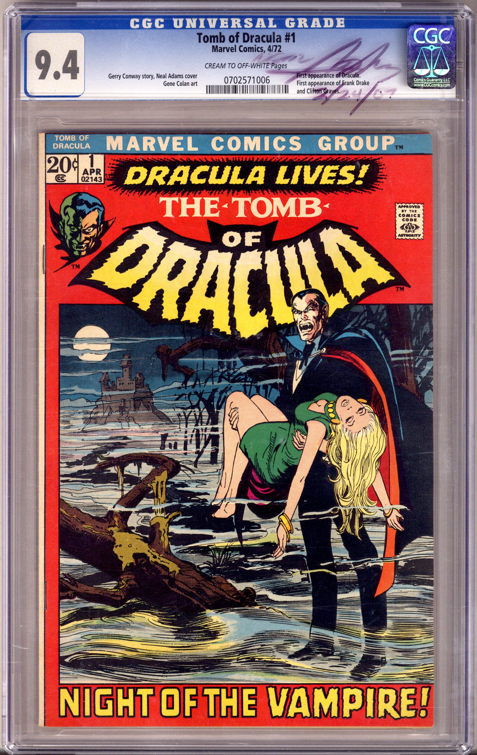 Tomb of Dracula Vol 1 1 CGC 9.4 (NM) (1972) Signed x1 On Case Neal Adams 