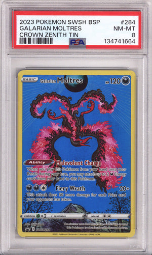 Pokemon Sword & Shield Silver Tempest Galarian Moltres Crown Zenith Tin PSA Near Mint-Mint 8 (2023)
