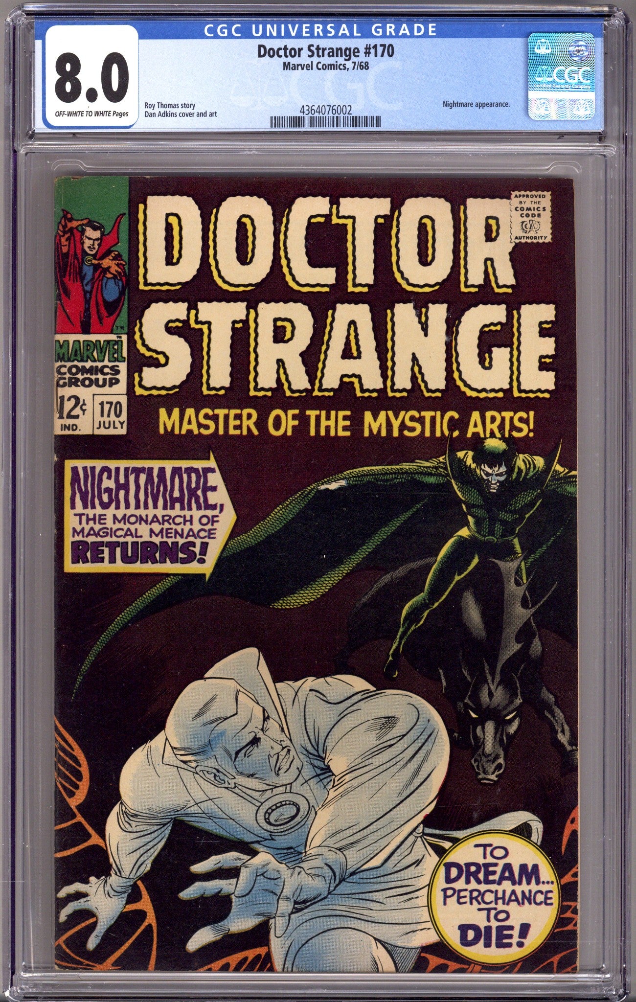 Doctor Strange Vol 1 170 CGC 8.0 (VF) OW/W (1968) 