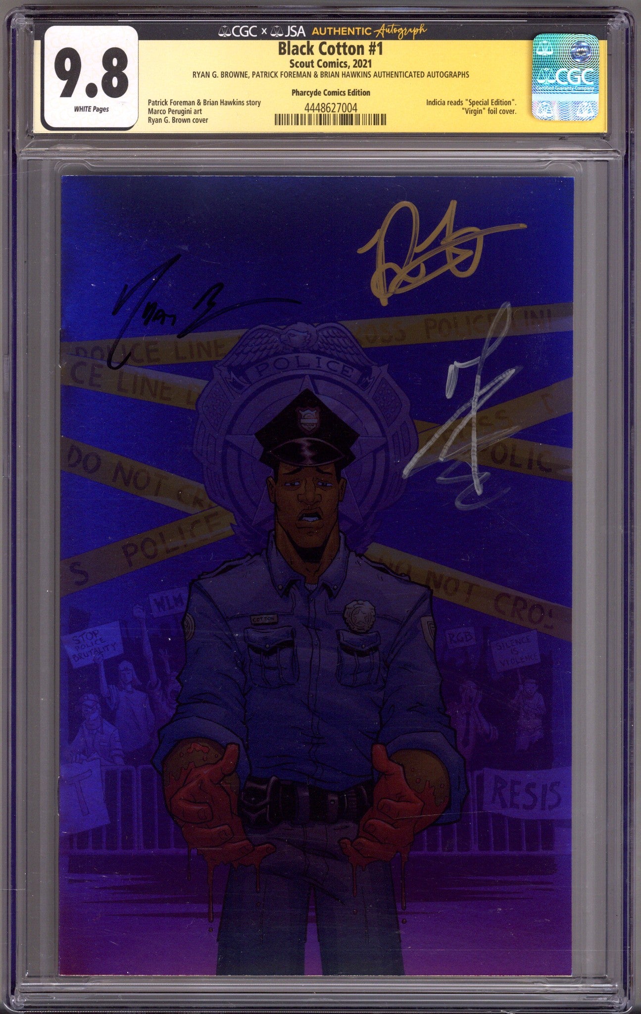 Black Cotton   1 CGC 9.8 (NM/M)   (2021) Browne Foil Virgin Exclusive Variant  Signed x3 Cover Browne, Foreman & Hawkins 