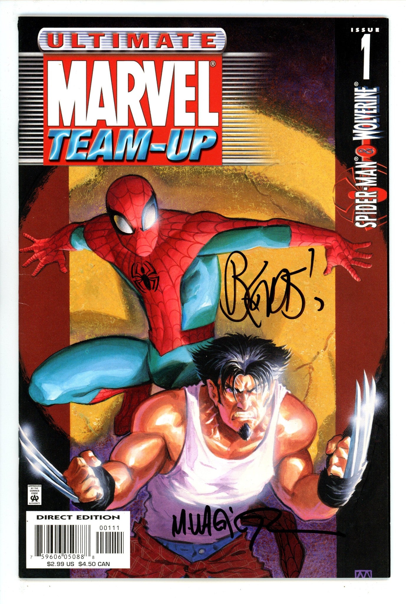 Ultimate Marvel Team-Up 1 VF+ (8.5) (2001) Signed x2 Cover Brian Michael Bendis & Matt Wagner 