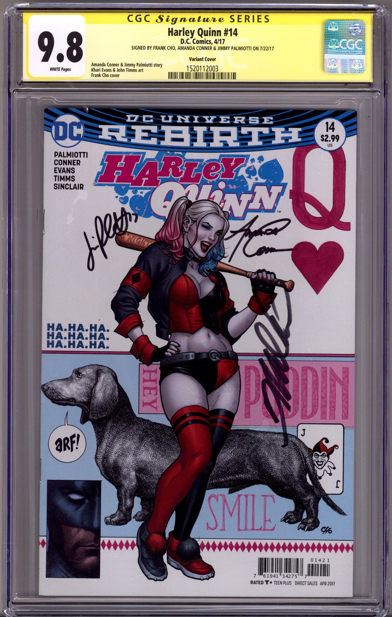 Harley Quinn Vol 3 14 CGC 9.8 (NM/M) (2017) Cho Variant Signed x3 Cover Amanda Conner, Jimmy Palmiotti & Frank Cho 