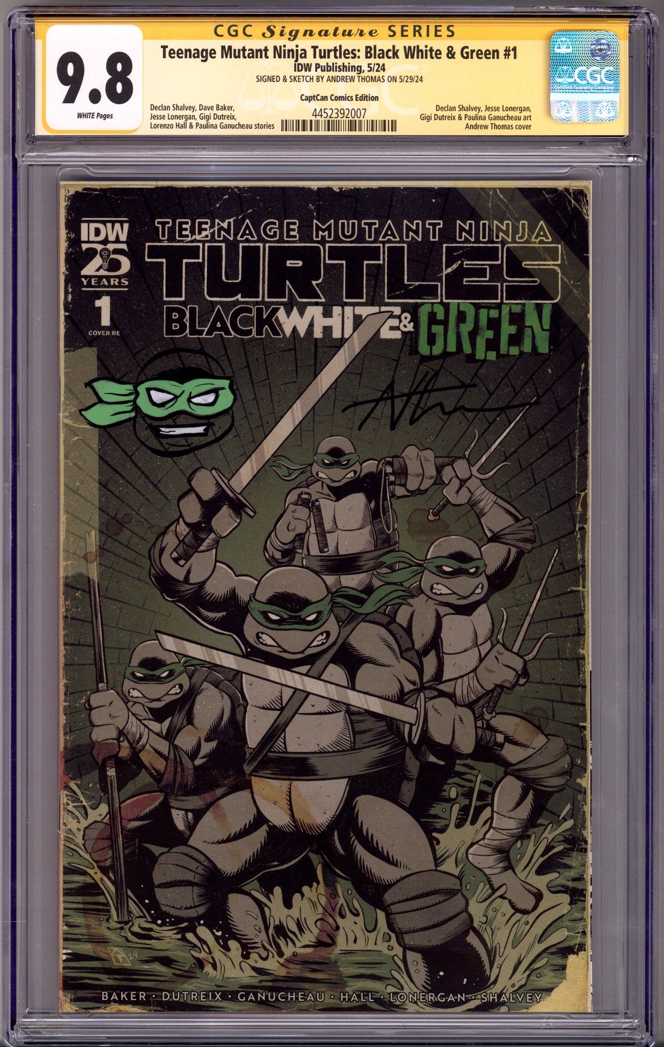 Teenage Mutant Ninja Turtles: Black, White & Green 1 CGC 9.8 (NM/M) Green Mask (2024) Thomas Exclusive Variant Signed / Remarked x1 Cover Andrew Thomas