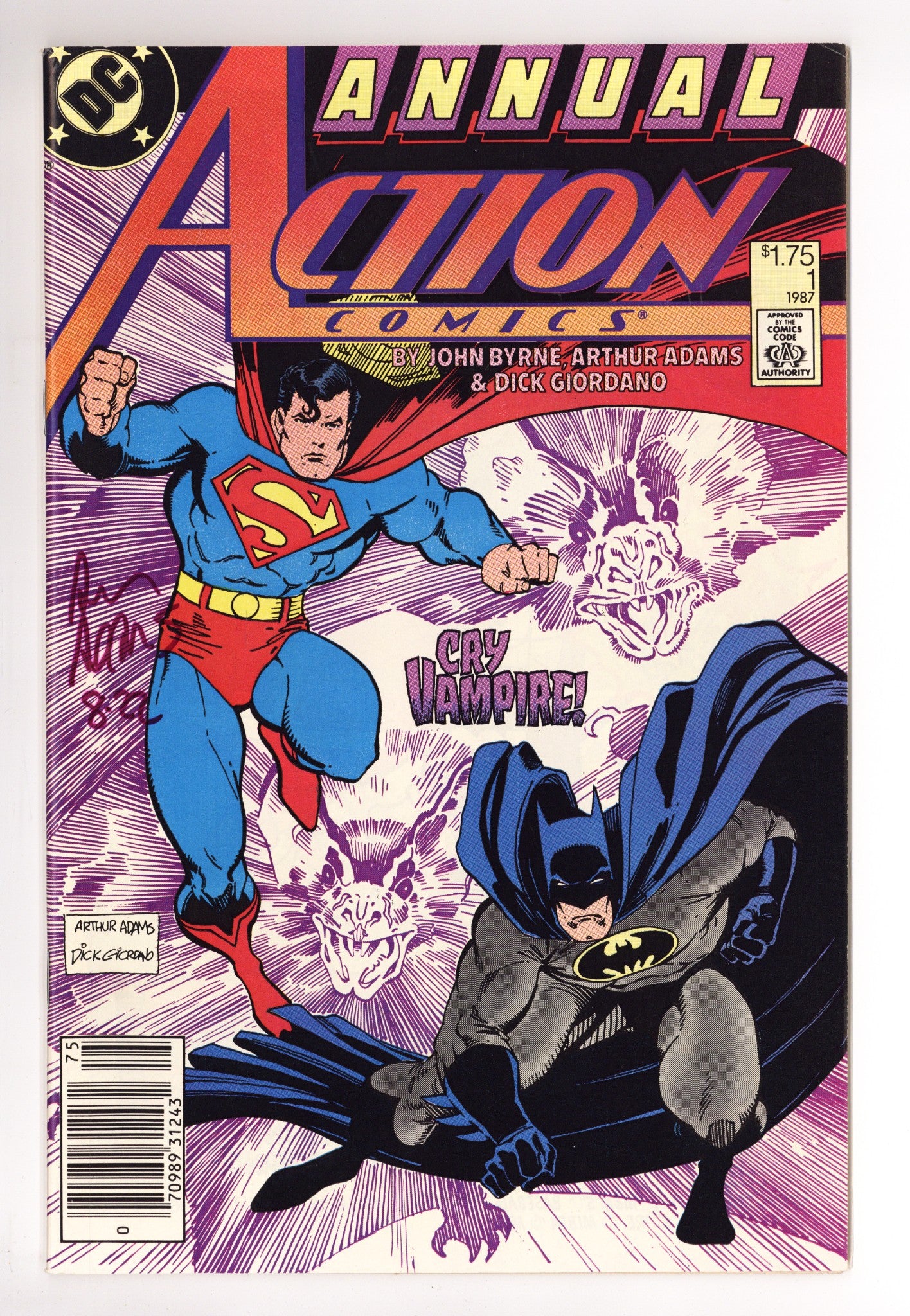 Action Comics Annual Vol 1 1 VF+ (8.5) (1987) Canadian Price Variant Signed x1 Cover Art Adams 