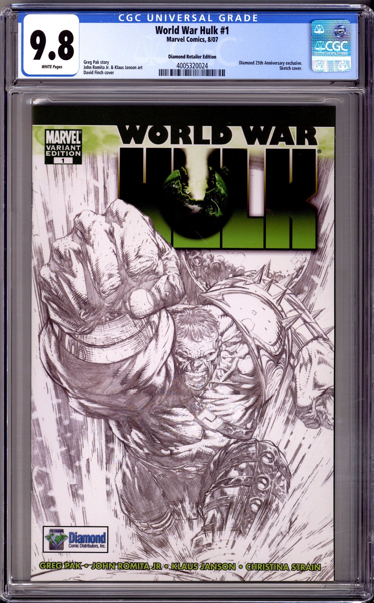 World War Hulk 1 CGC 9.8 (NM/M) (2007) Finch Sketch Exclusive Variant