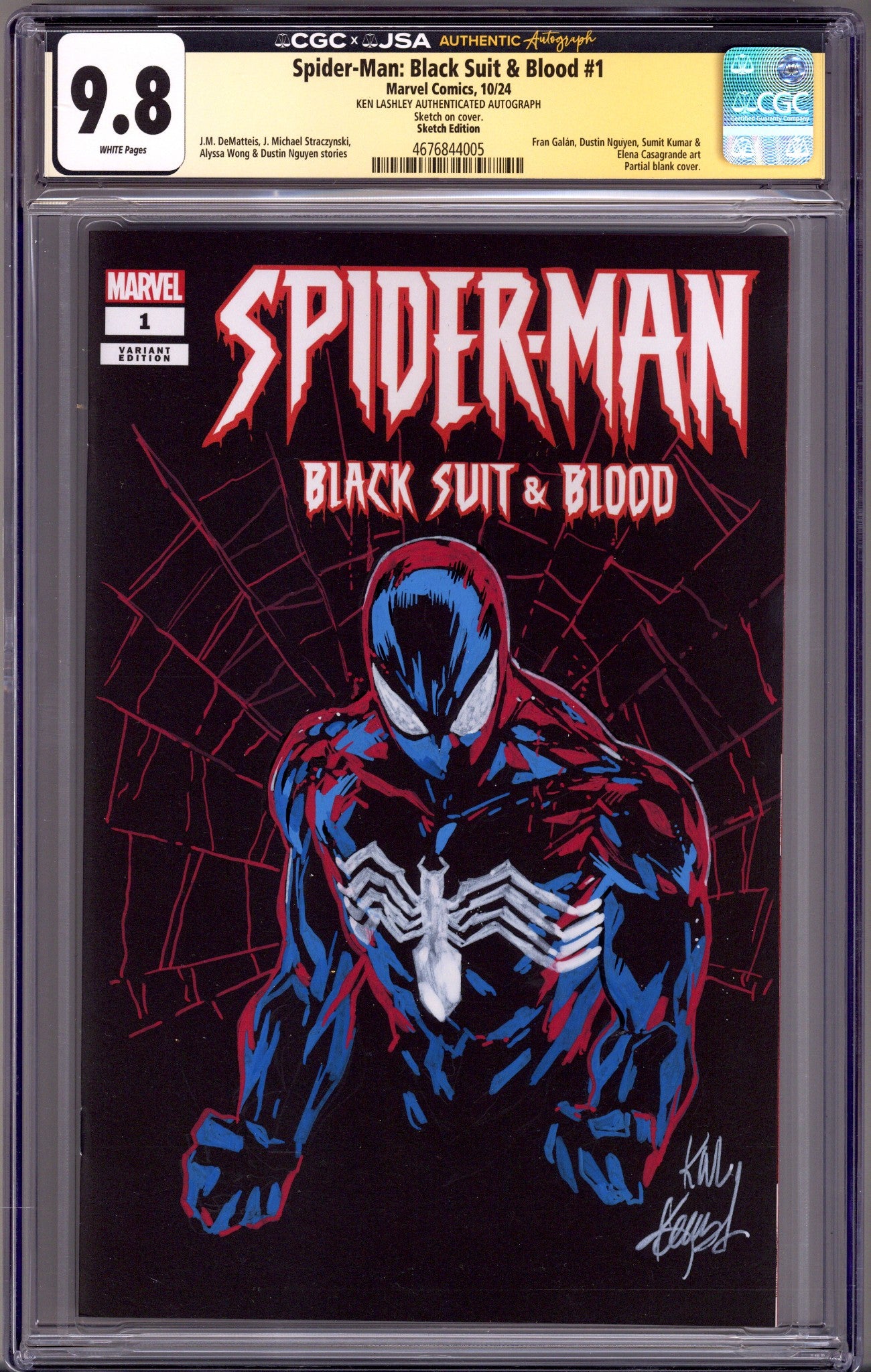 Spider-Man: Black Suit & Blood 1 CGC 9.8 (NM/M) (2024) Blank Variant Signed / Remarked x1 Cover Ken Lashley 