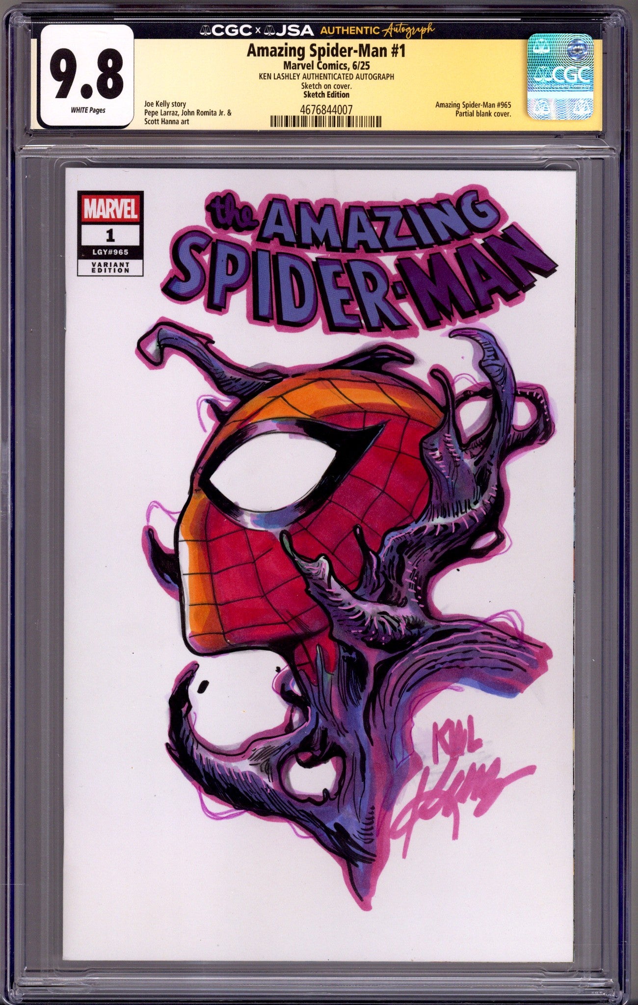 Amazing Spider-Man Vol 7 1 CGC 9.8 (NM/M) (2025) Blank Variant Signed / Remarked x1 Cover Ken Lashley 