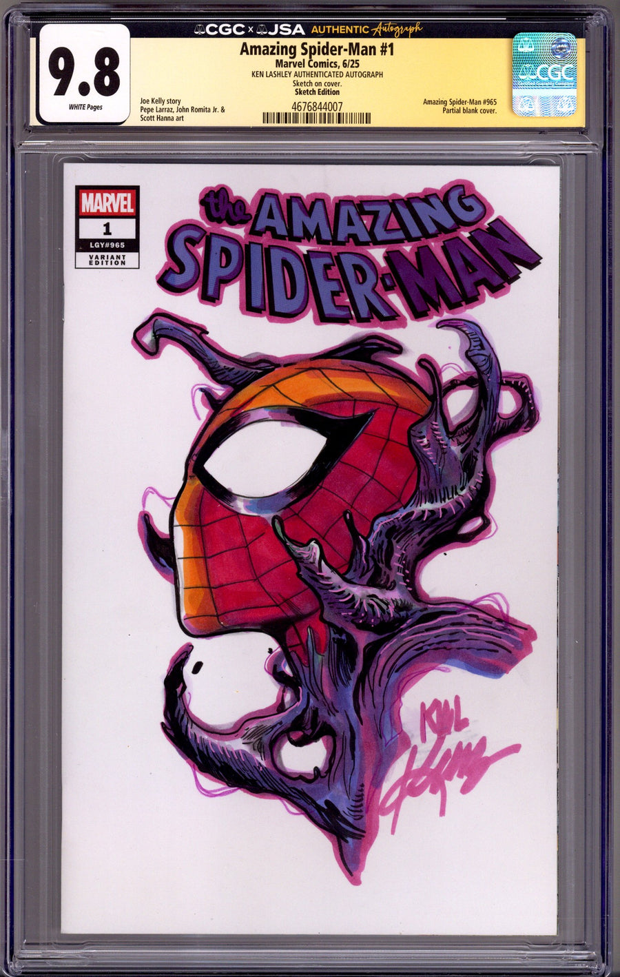 Amazing Spider-Man Vol 7 1 CGC 9.8 (NM/M) (2025) Blank Variant Signed / Remarked x1 Cover Ken Lashley 
