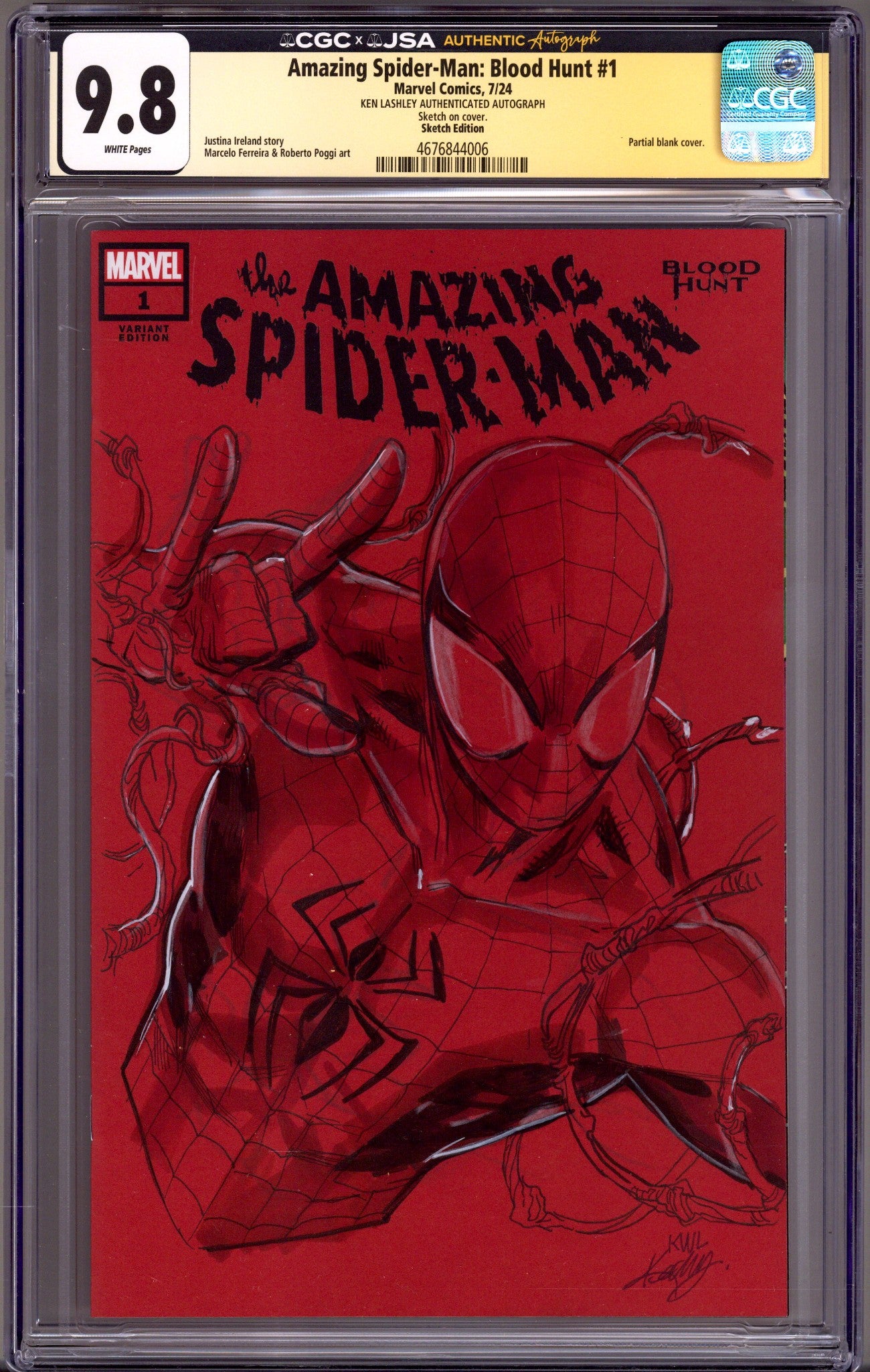 Amazing Spider-Man: Blood Hunt 1 CGC 9.8 (NM/M) (2024) Blank Variant Signed / Remarked x1 Cover Ken Lashley 