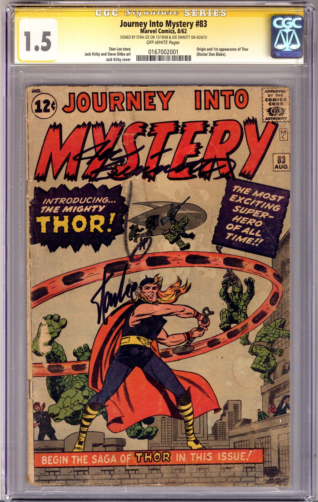 Journey into Mystery Vol 1 83 CGC 1.5 (FR/GD) (1962) Signed x2 Cover Stan Lee & Joe Sinnott 
