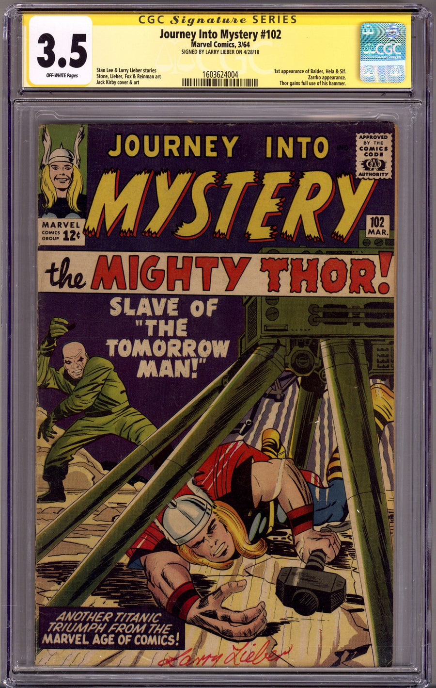 Journey into Mystery Vol 1 102 CGC 3.5 (VG-) (1964) Signed x1 Cover Larry Lieber 