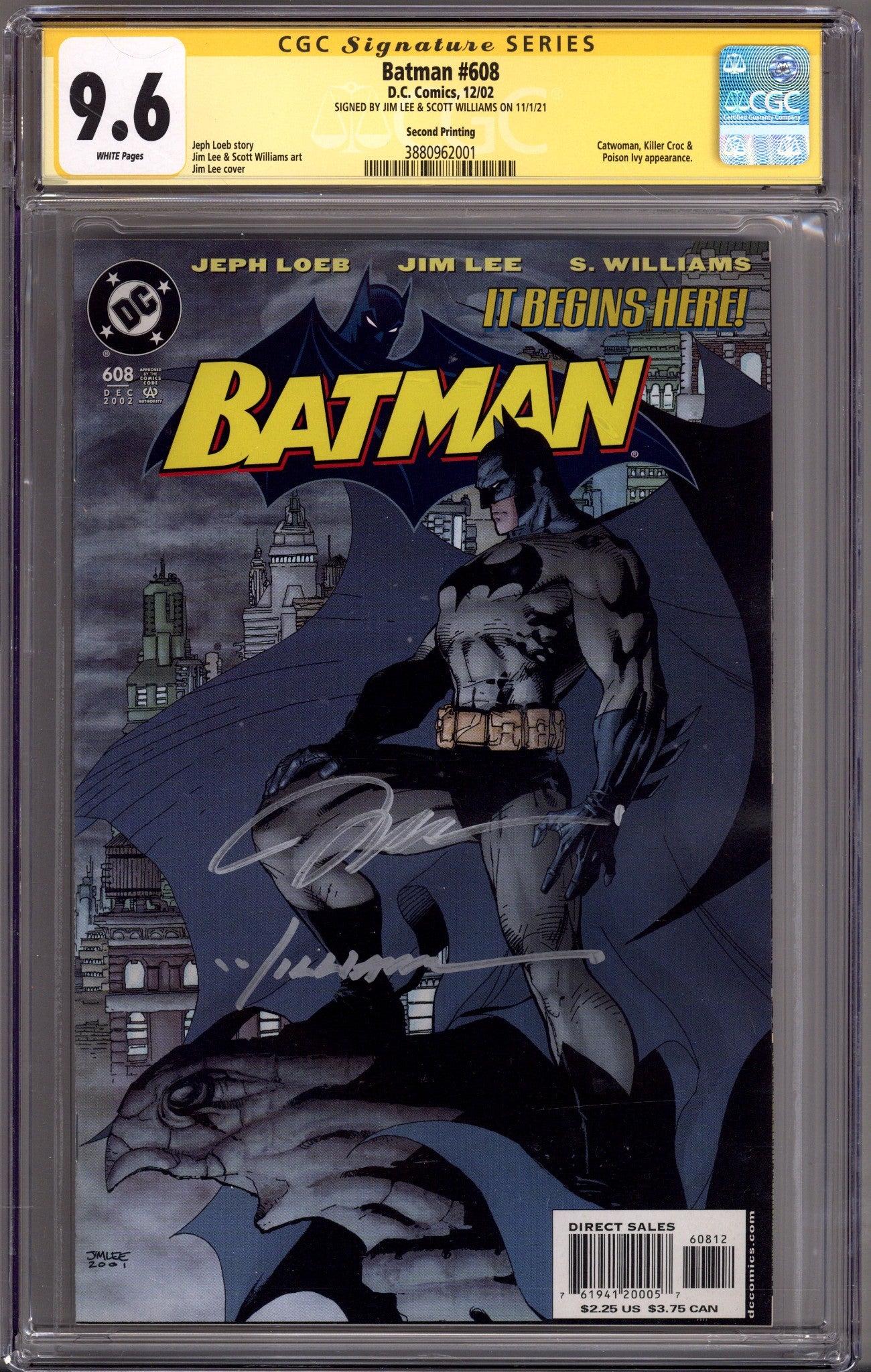 Batman Vol 1 608 CGC 9.6 (NM+) (2002) 2nd Print Signed x2 Cover Jim Lee & Scott Williams 