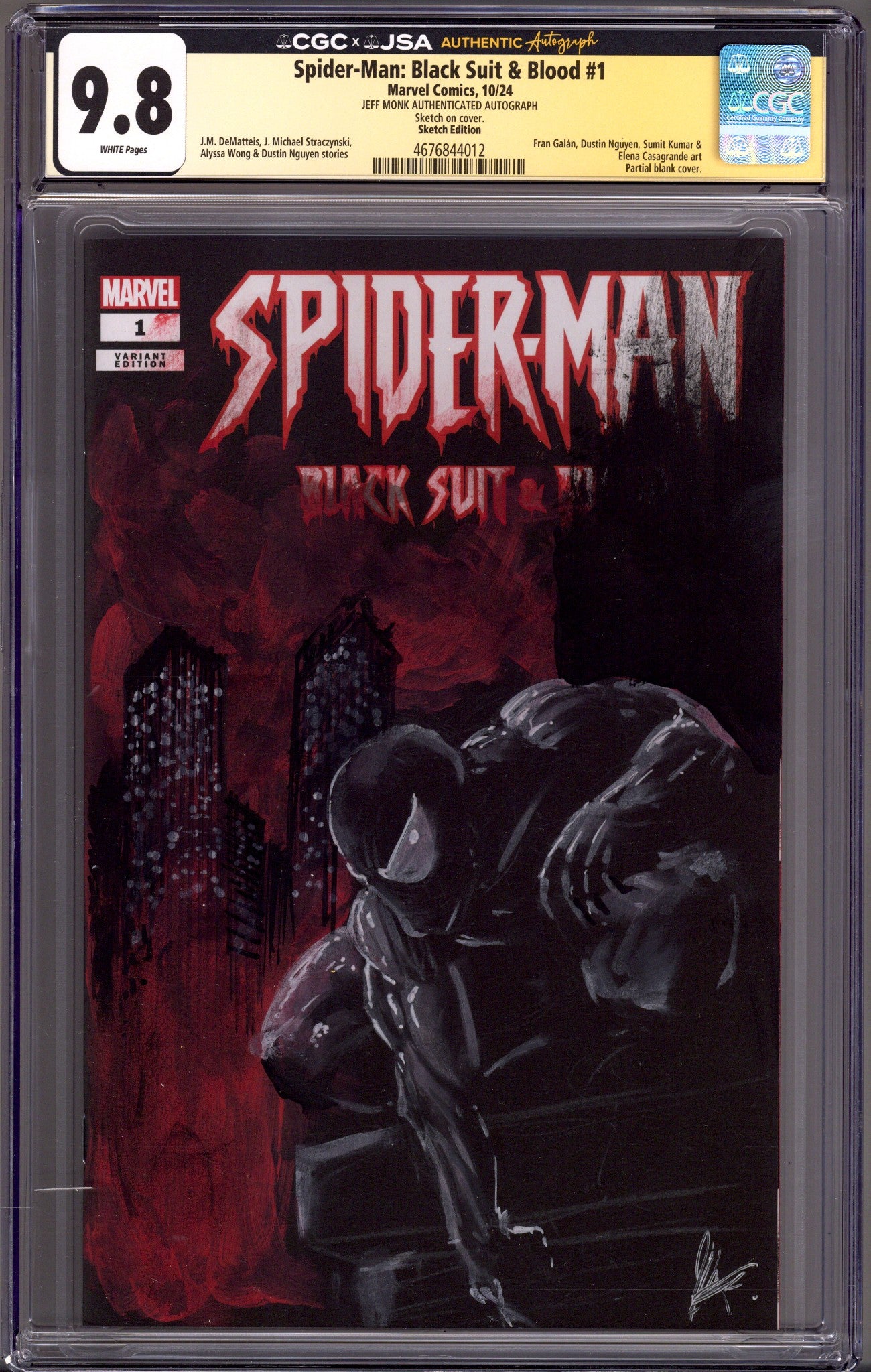 Spider-Man: Black Suit & Blood 1 CGC 9.8 (NM/M) (2024) Blank Variant Signed / Remarked x1 Cover Jeff Monk 
