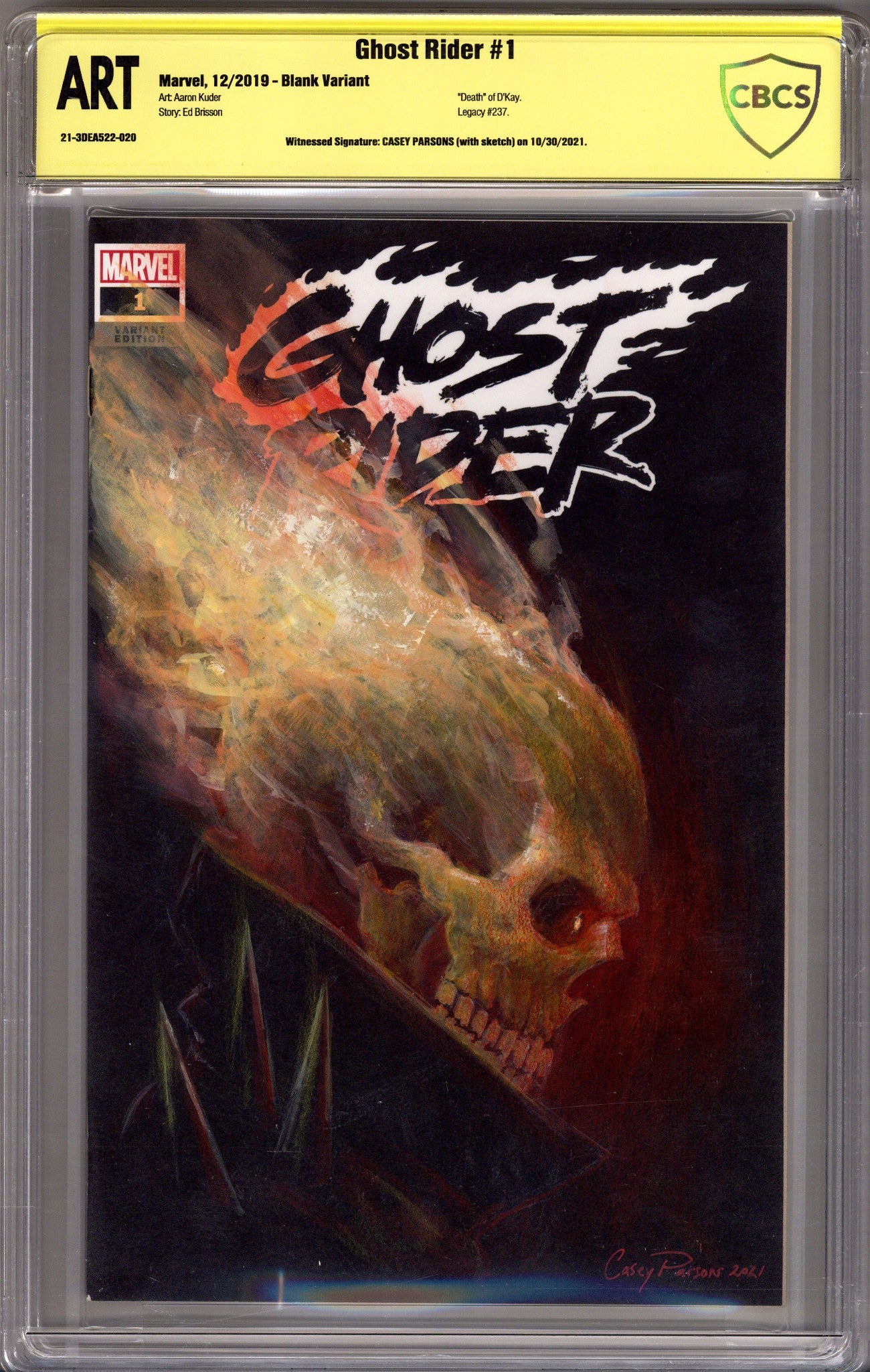 Ghost Rider Vol 8 1 (237) CBCS ART (2019) Blank Variant Signed / Remarked x1 Cover Casey Parsons 
